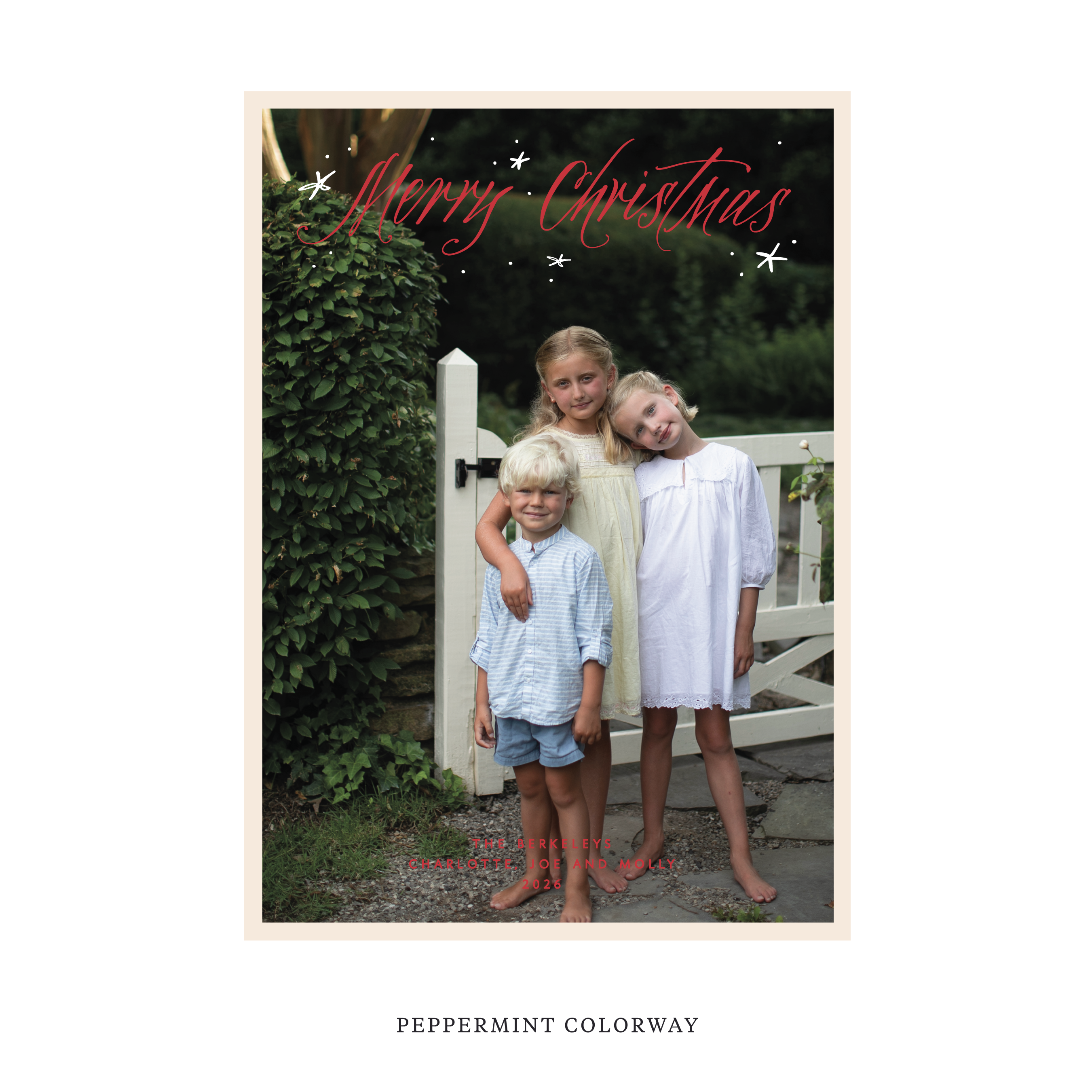 Celebrate the season with the Berkeley "Merry Christmas" Holiday Card by Stovall Collection. Featuring original hand-lettered artwork, this luxury personalized photo mount holiday card is available in 22 thoughtfully curated flat printing colorways.