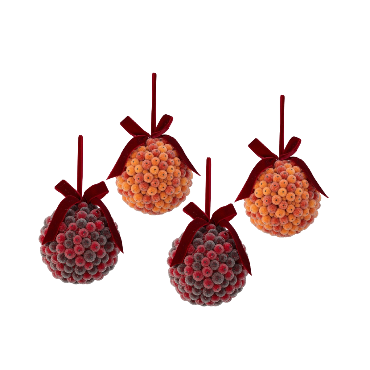 Set of four Hawthorn Sugared Berry Ornaments in red and orange with velvet bows