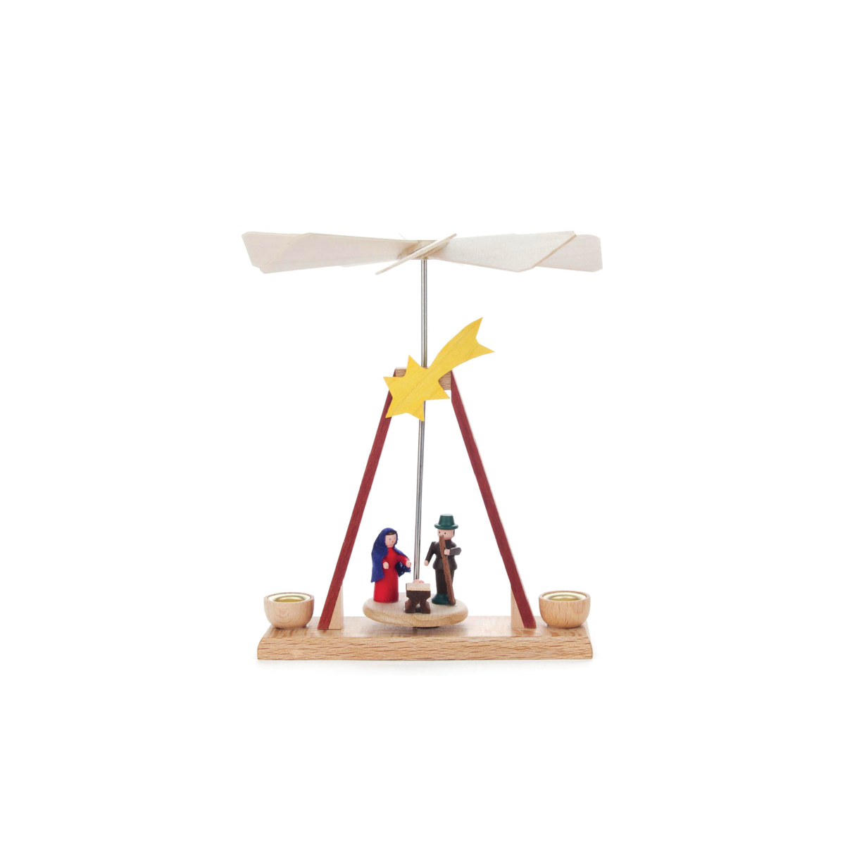Bethlehem Glow miniature German wooden Christmas pyramid with Nativity scene, natural wood finish and rotating candle-powered fan.