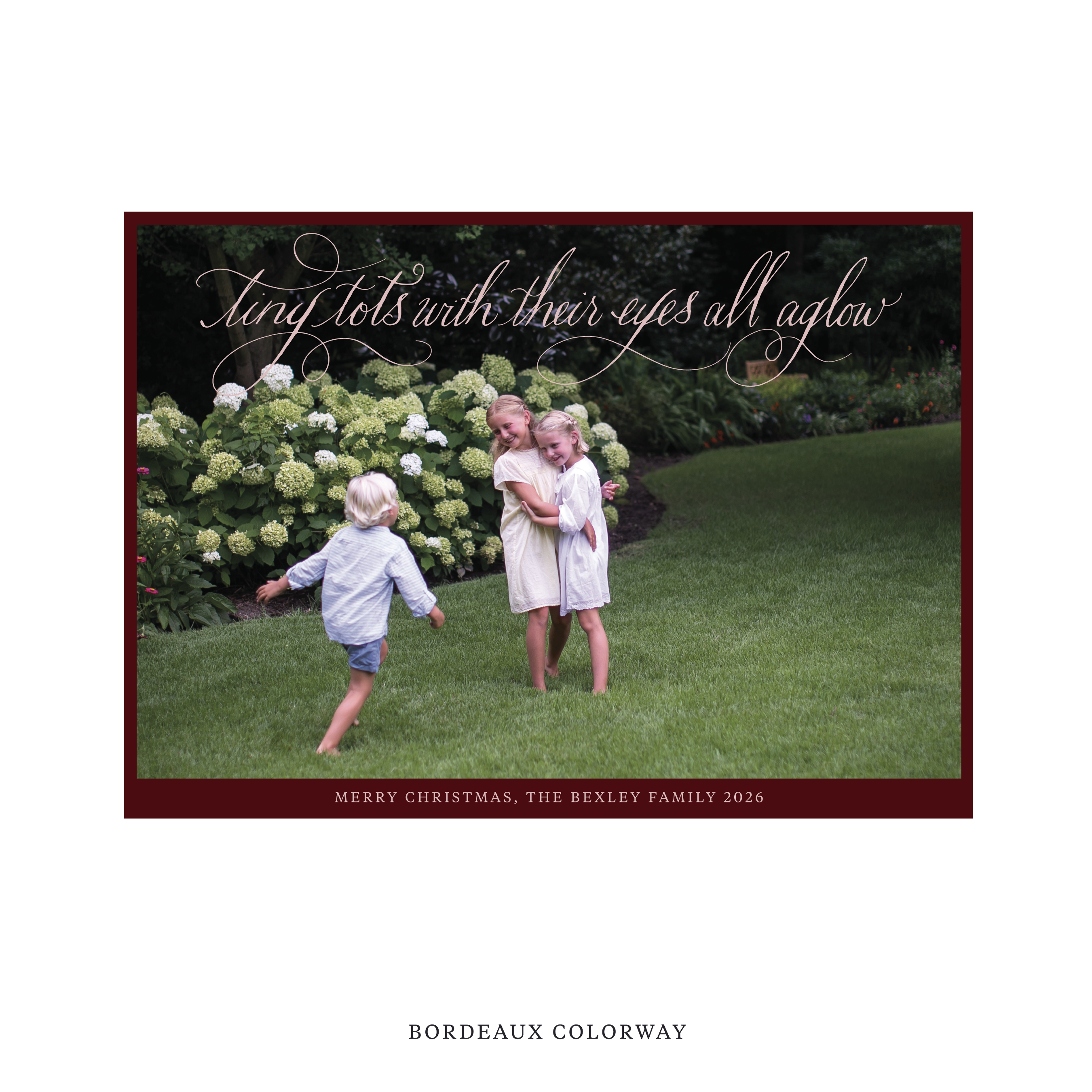  Celebrate the season with the Bexley  "Tiny Tots with Their Eyes All Aglow" Holiday Card by Stovall Collection. Featuring original hand-lettered artwork, this luxury personalized photo mount holiday card is available in 22 thoughtfully curated flat printing colorways.