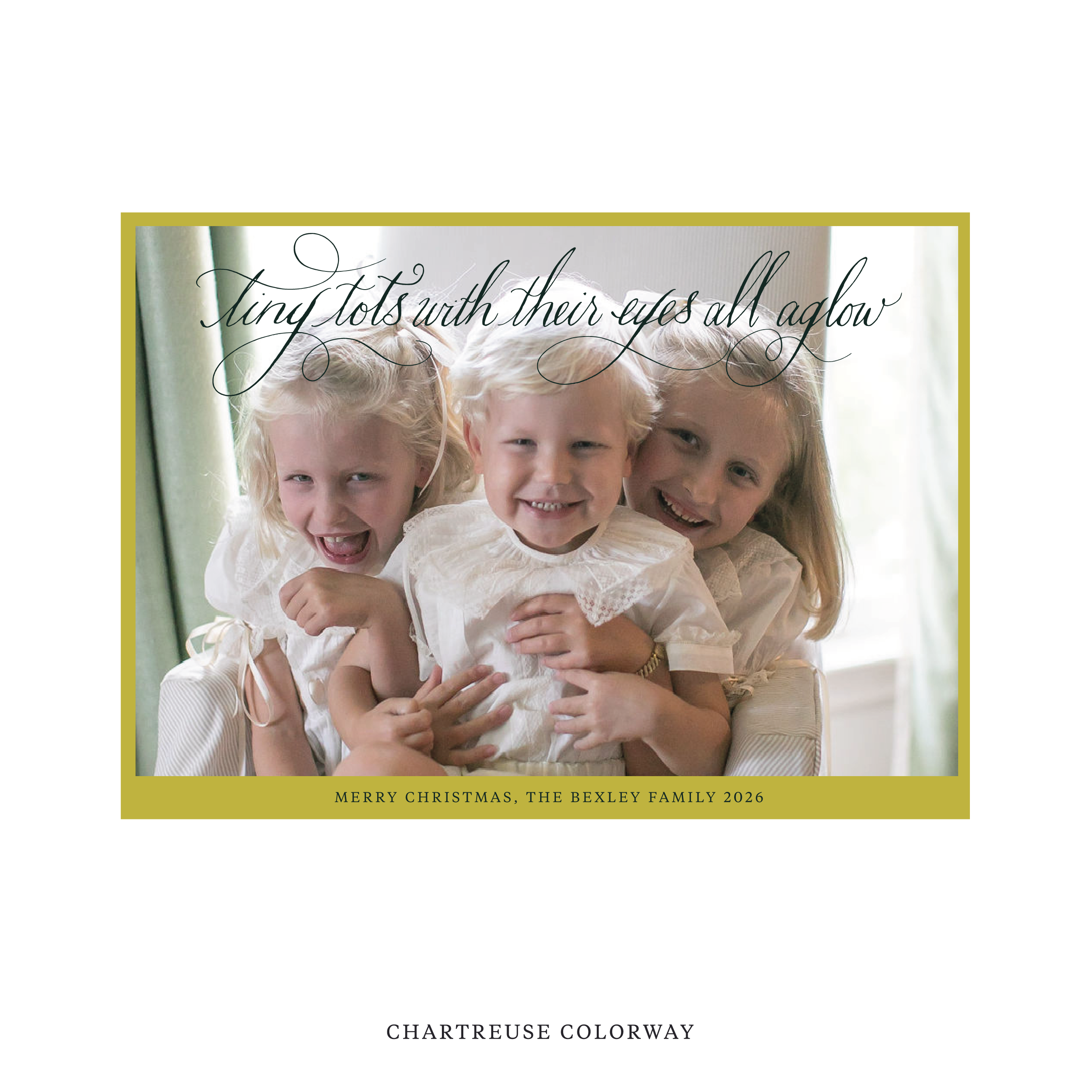Celebrate the season with the Bexley  "Tiny Tots with Their Eyes All Aglow" Holiday Card by Stovall Collection. Featuring original hand-lettered artwork, this luxury personalized photo mount holiday card is available in 22 thoughtfully curated flat printing colorways.