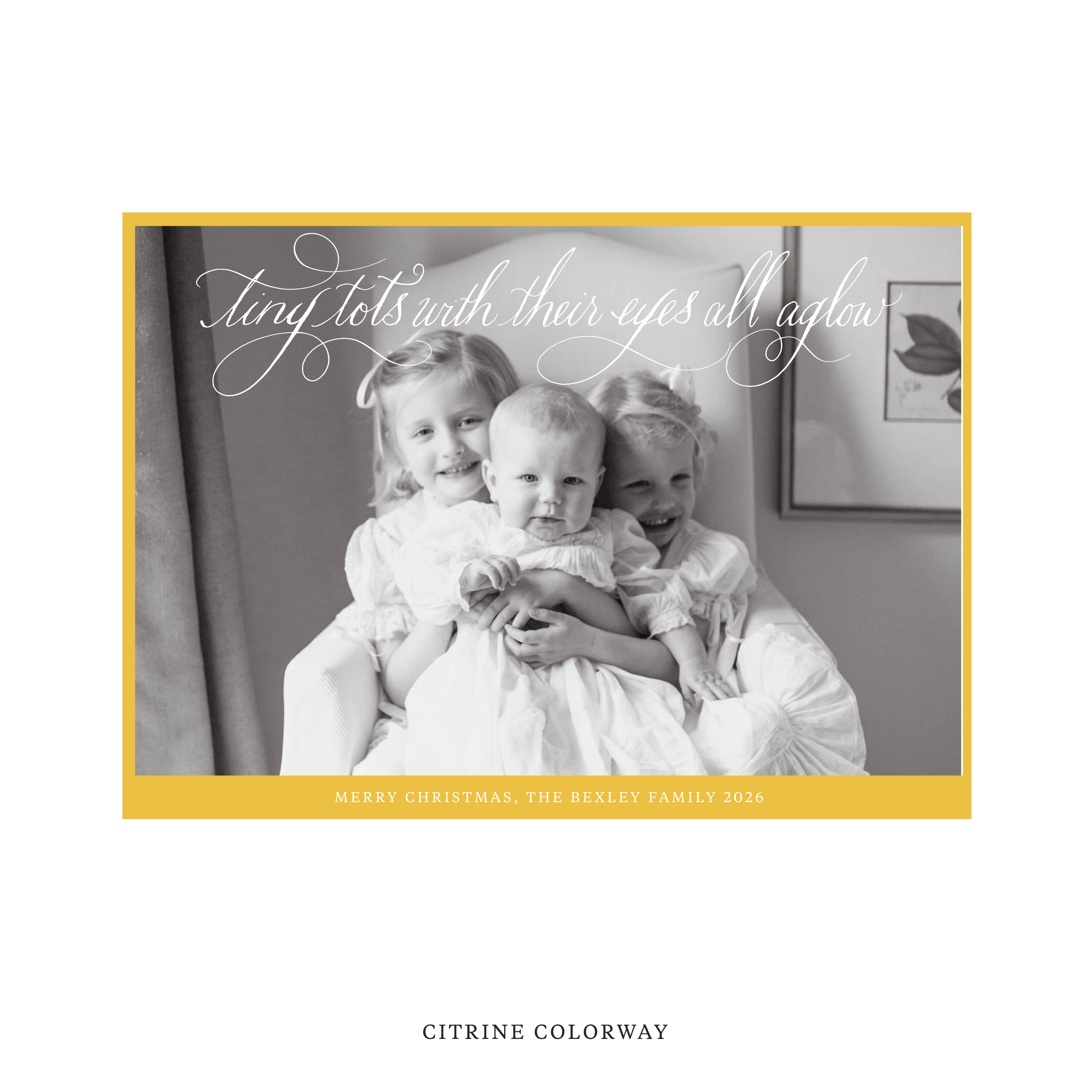 Celebrate the season with the Bexley  "Tiny Tots with Their Eyes All Aglow" Holiday Card by Stovall Collection. Featuring original hand-lettered artwork, this luxury personalized photo mount holiday card is available in 22 thoughtfully curated flat printing colorways.