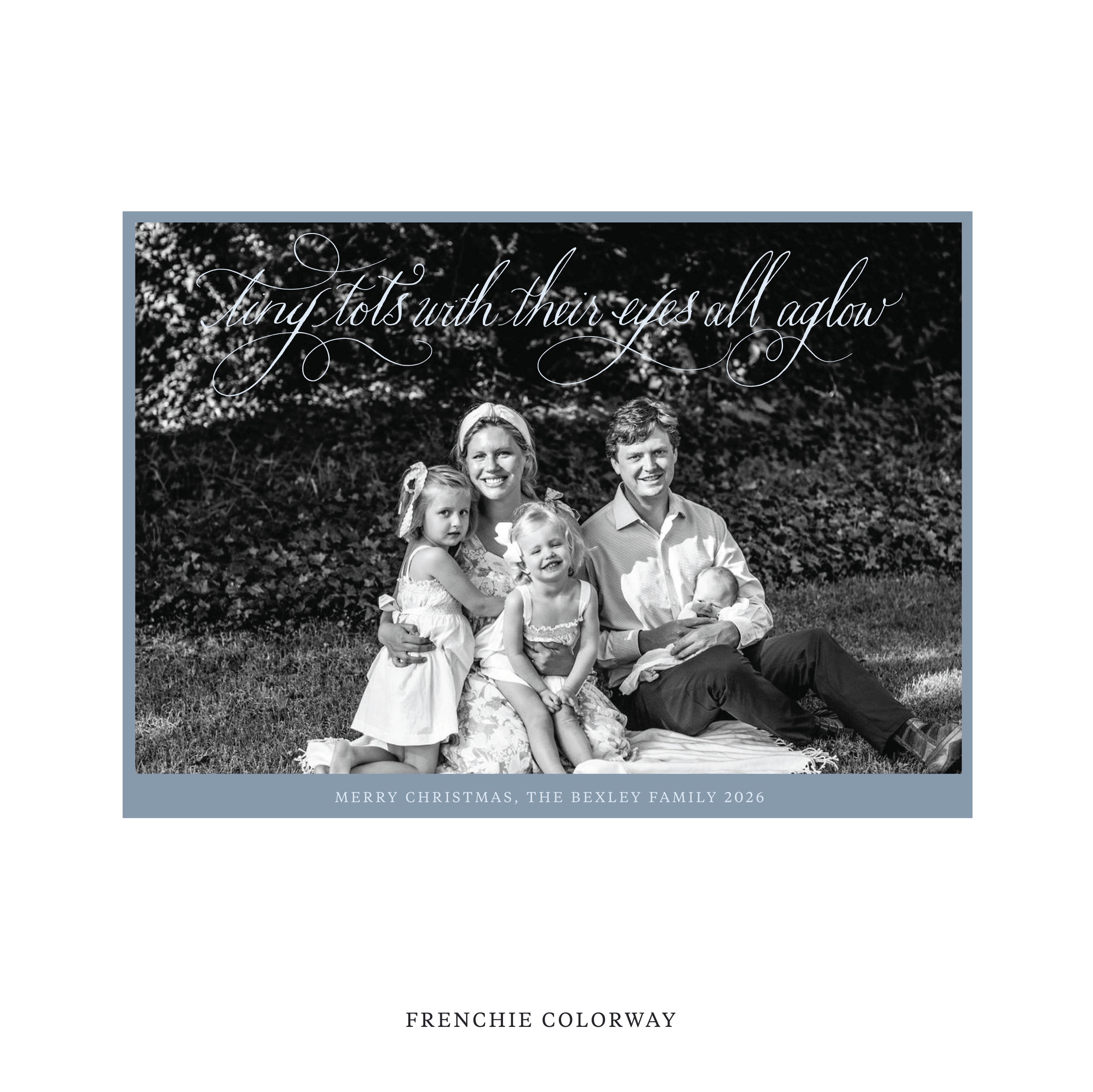 Celebrate the season with the Bexley  "Tiny Tots with Their Eyes All Aglow" Holiday Card by Stovall Collection. Featuring original hand-lettered artwork, this luxury personalized photo mount holiday card is available in 22 thoughtfully curated flat printing colorways.