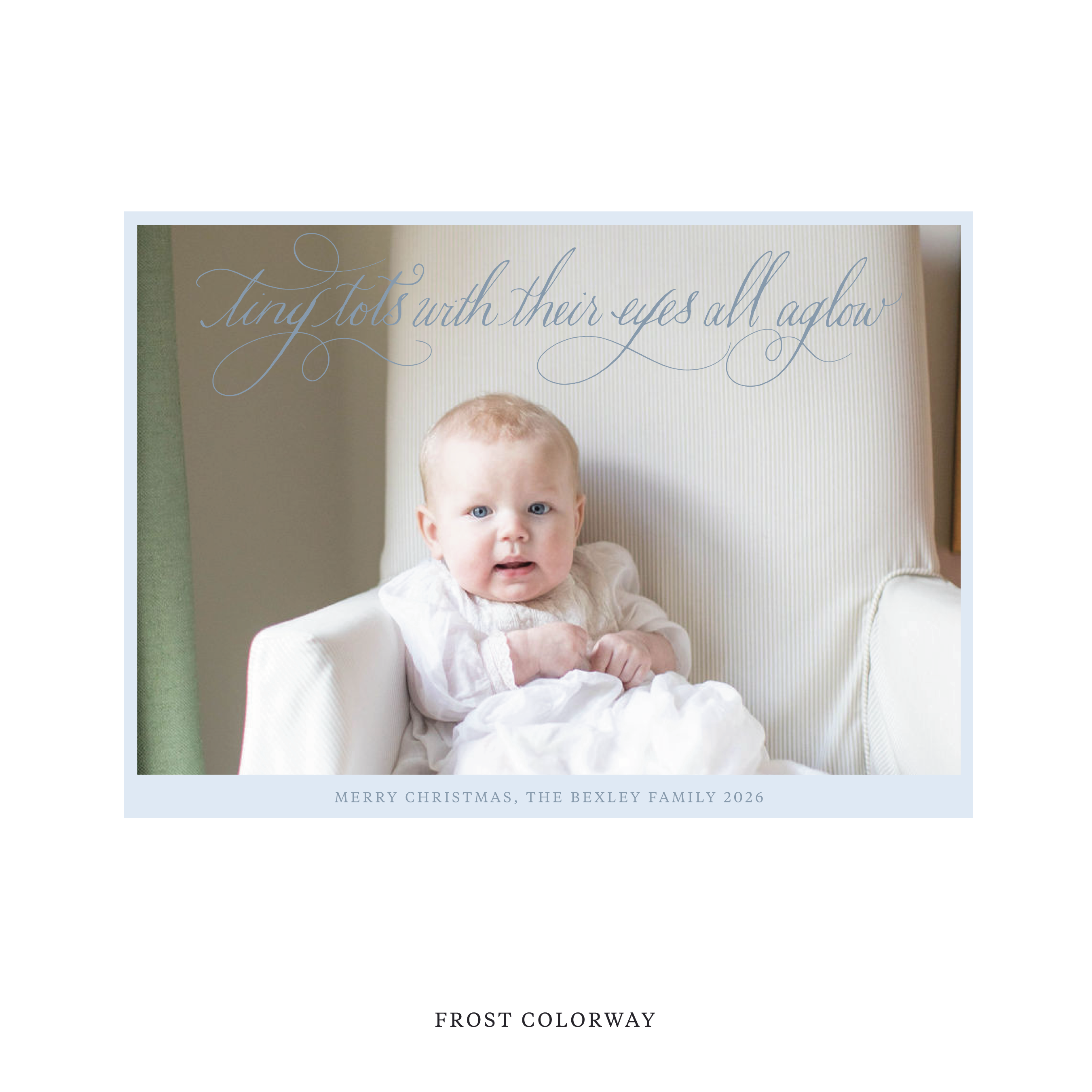 Celebrate the season with the Bexley  "Tiny Tots with Their Eyes All Aglow" Holiday Card by Stovall Collection. Featuring original hand-lettered artwork, this luxury personalized photo mount holiday card is available in 22 thoughtfully curated flat printing colorways.