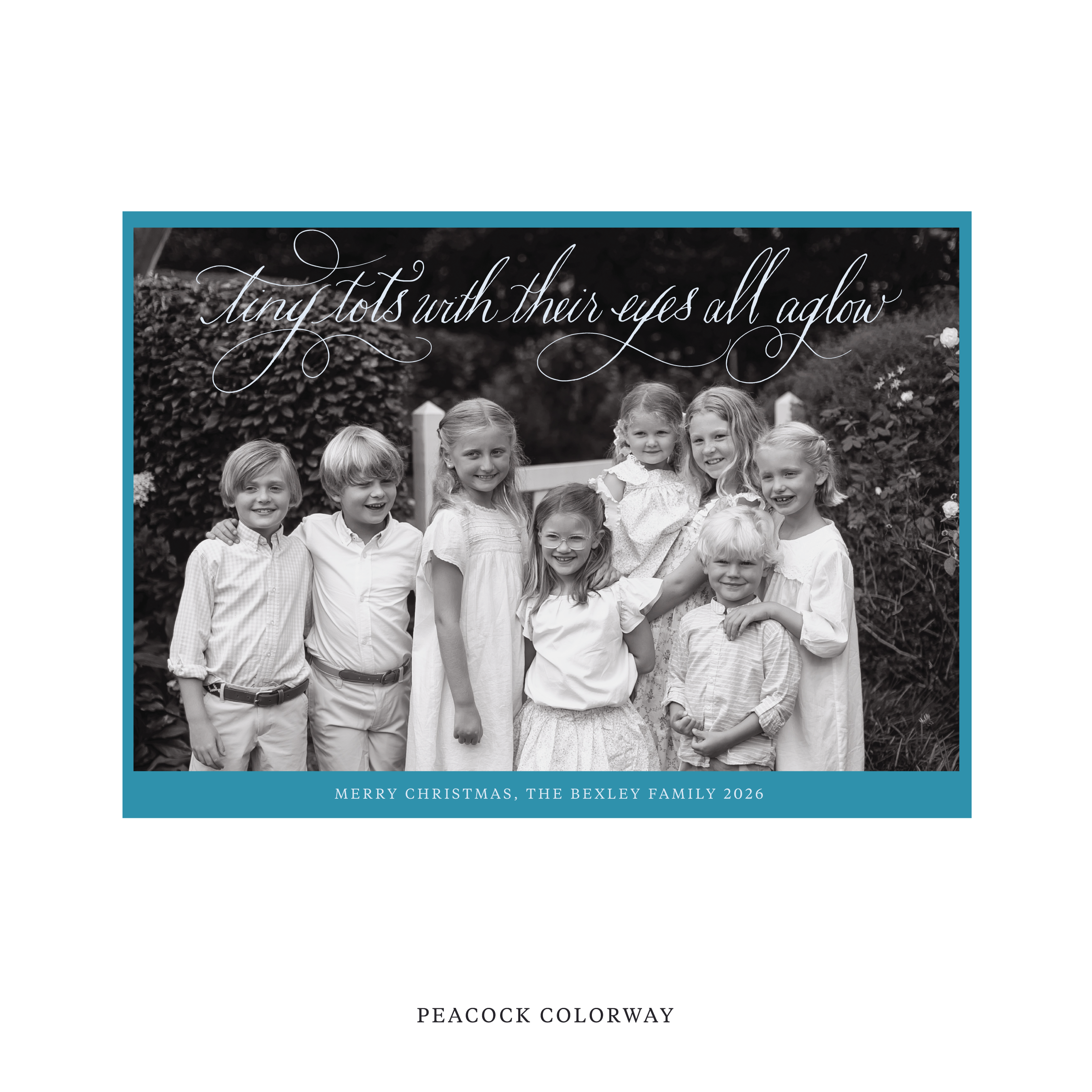Celebrate the season with the Bexley  "Tiny Tots with Their Eyes All Aglow" Holiday Card by Stovall Collection. Featuring original hand-lettered artwork, this luxury personalized photo mount holiday card is available in 22 thoughtfully curated flat printing colorways.