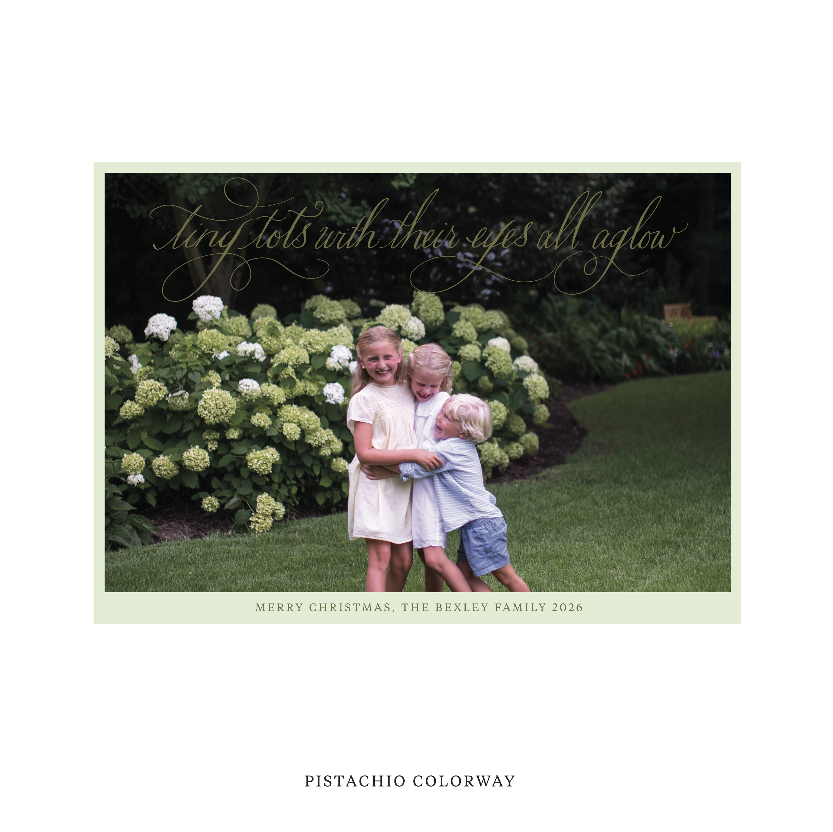 Celebrate the season with the Bexley  "Tiny Tots with Their Eyes All Aglow" Holiday Card by Stovall Collection. Featuring original hand-lettered artwork, this luxury personalized photo mount holiday card is available in 22 thoughtfully curated flat printing colorways.