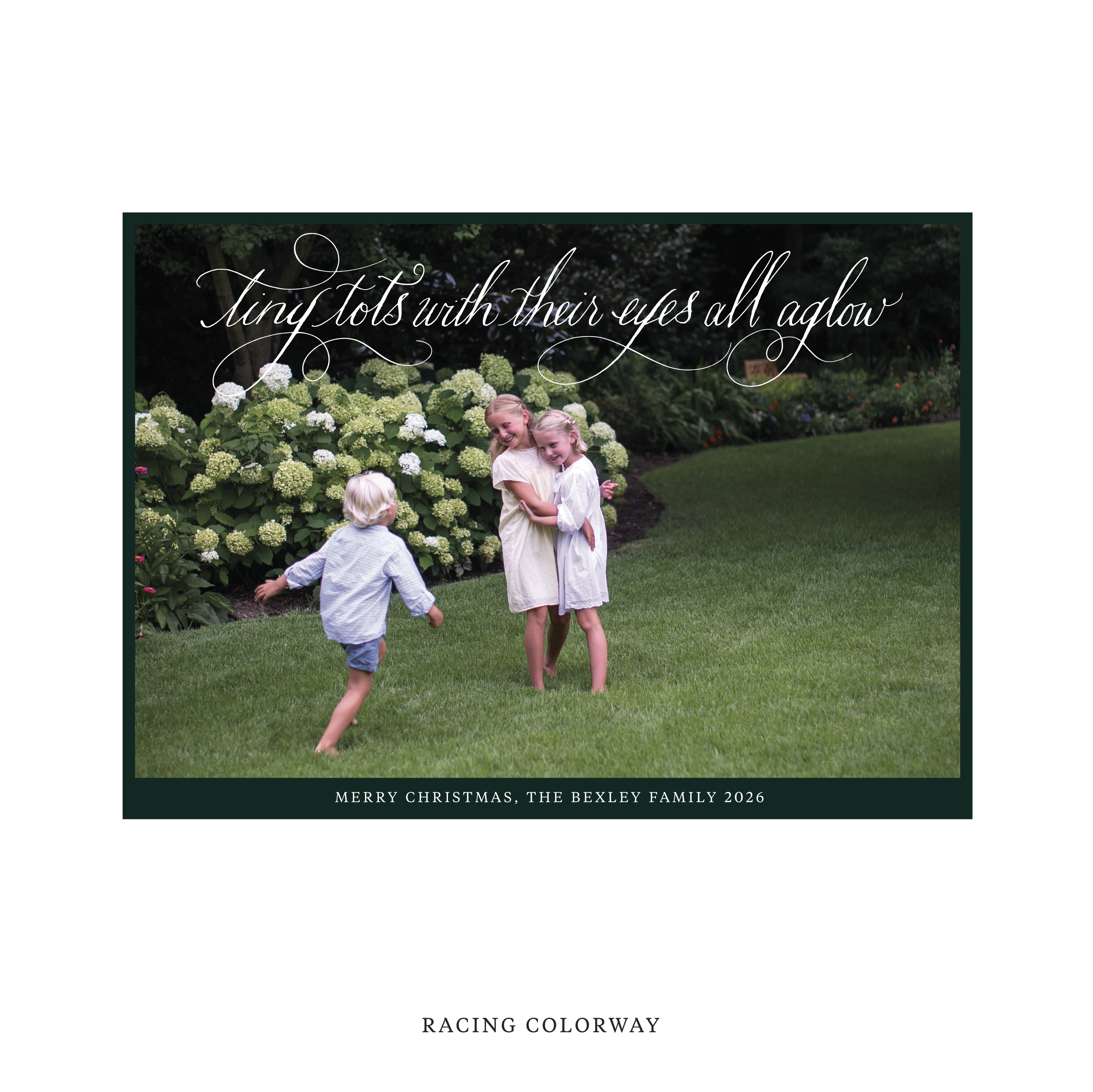 Celebrate the season with the Bexley  "Tiny Tots with Their Eyes All Aglow" Holiday Card by Stovall Collection. Featuring original hand-lettered artwork, this luxury personalized photo mount holiday card is available in 22 thoughtfully curated flat printing colorways.