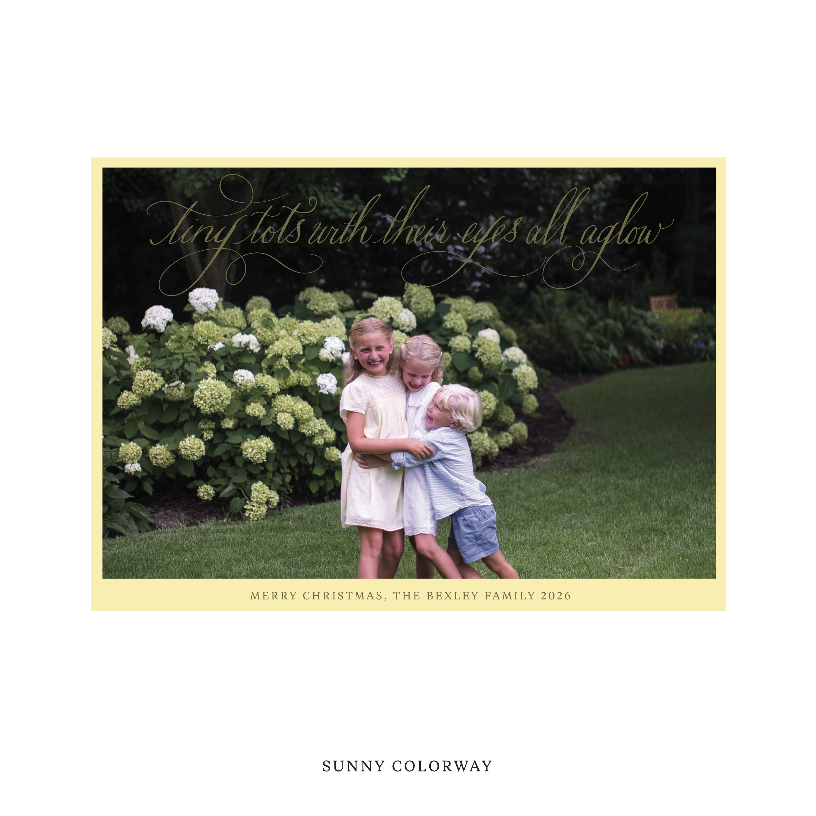 Celebrate the season with the Bexley  "Tiny Tots with Their Eyes All Aglow" Holiday Card by Stovall Collection. Featuring original hand-lettered artwork, this luxury personalized photo mount holiday card is available in 22 thoughtfully curated flat printing colorways.