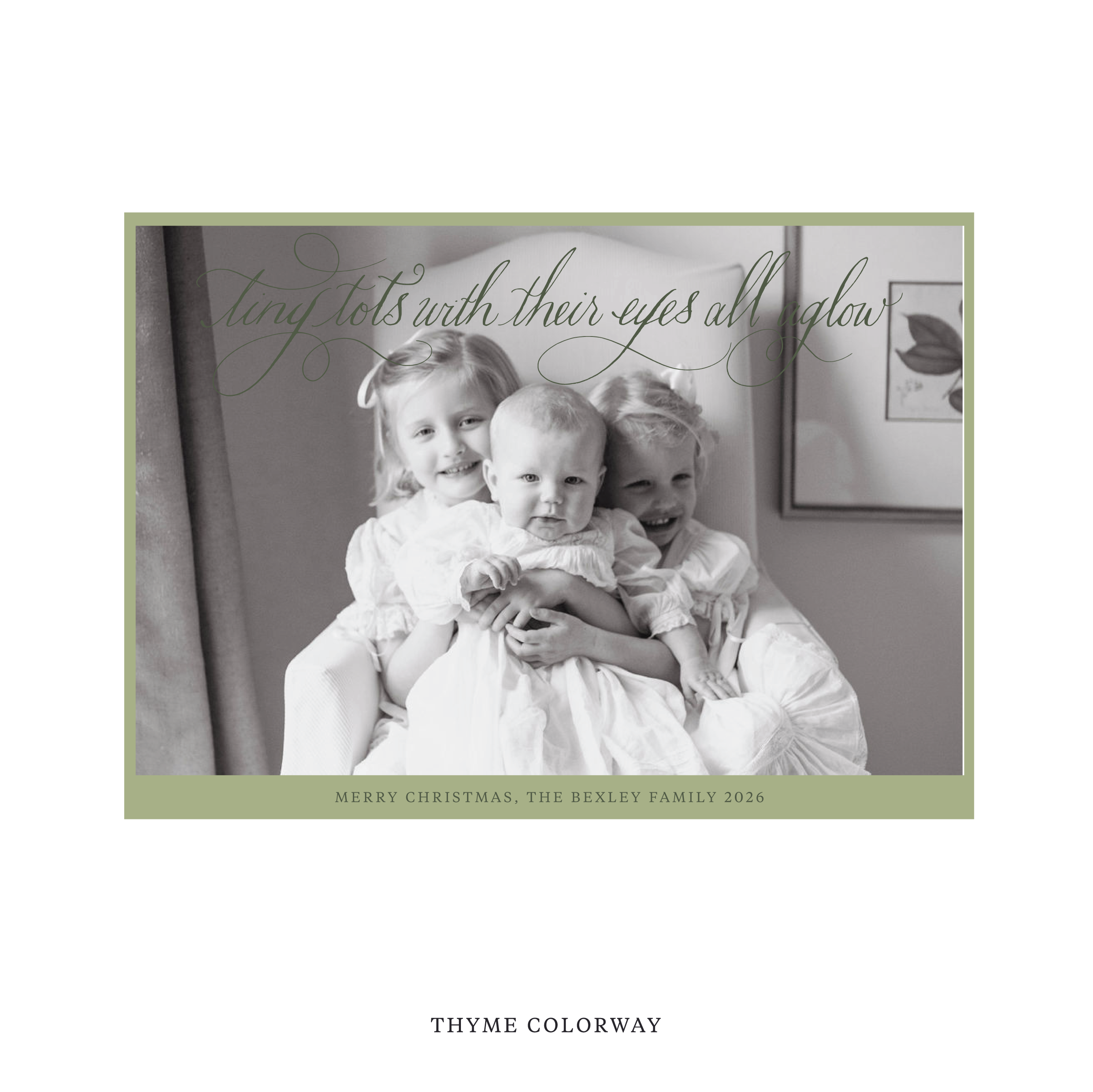 Celebrate the season with the Bexley  "Tiny Tots with Their Eyes All Aglow" Holiday Card by Stovall Collection. Featuring original hand-lettered artwork, this luxury personalized photo mount holiday card is available in 22 thoughtfully curated flat printing colorways.