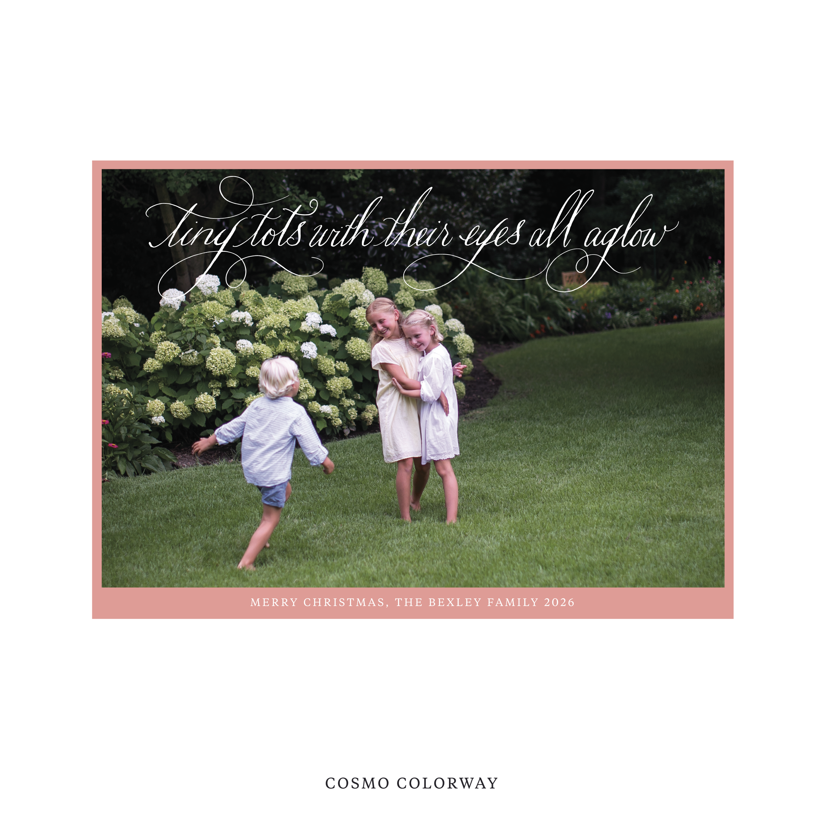 Celebrate the season with the Bexley  "Tiny Tots with Their Eyes All Aglow" Holiday Card by Stovall Collection. Featuring original hand-lettered artwork, this luxury personalized photo mount holiday card is available in 22 thoughtfully curated flat printing colorways.
