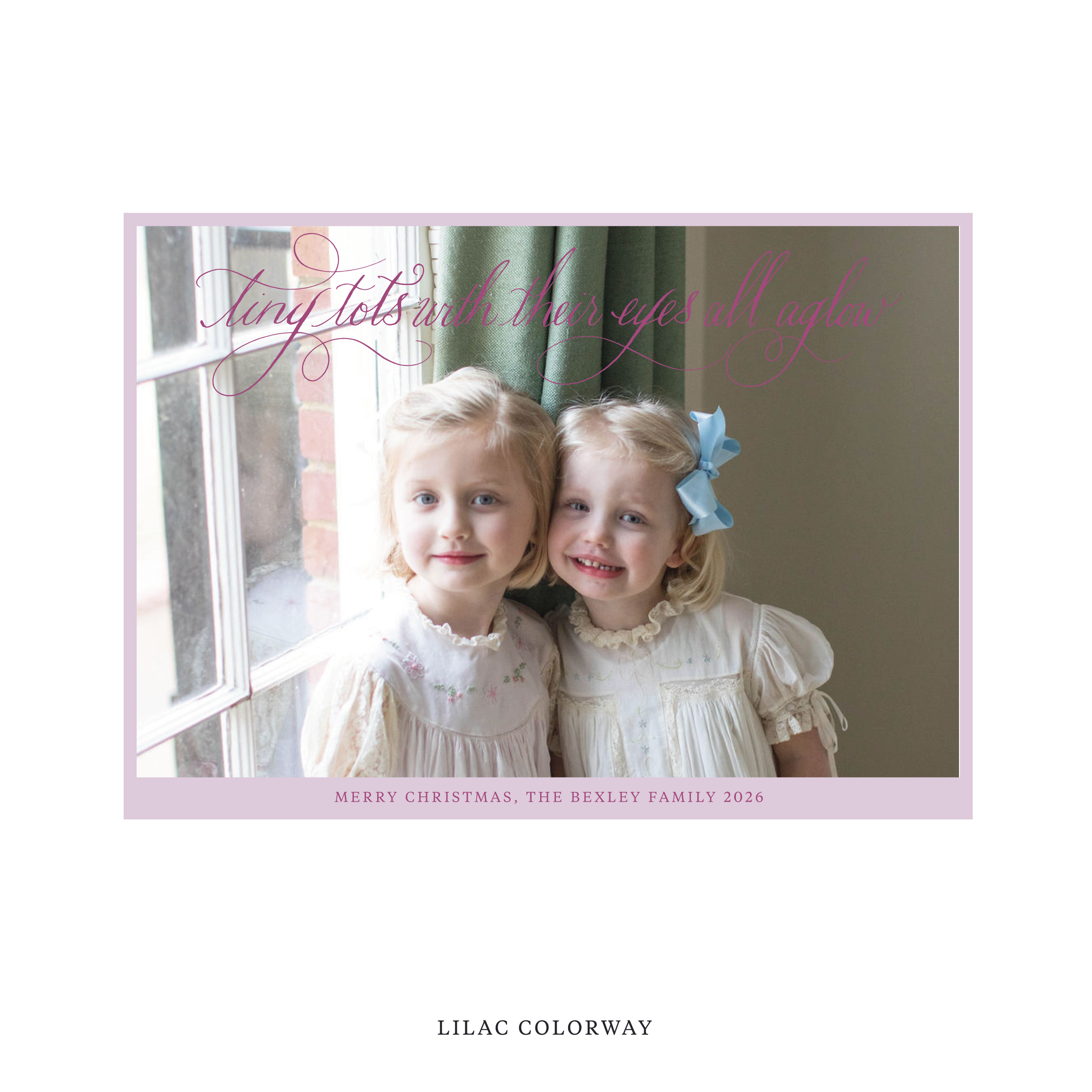Celebrate the season with the Bexley  "Tiny Tots with Their Eyes All Aglow" Holiday Card by Stovall Collection. Featuring original hand-lettered artwork, this luxury personalized photo mount holiday card is available in 22 thoughtfully curated flat printing colorways.
