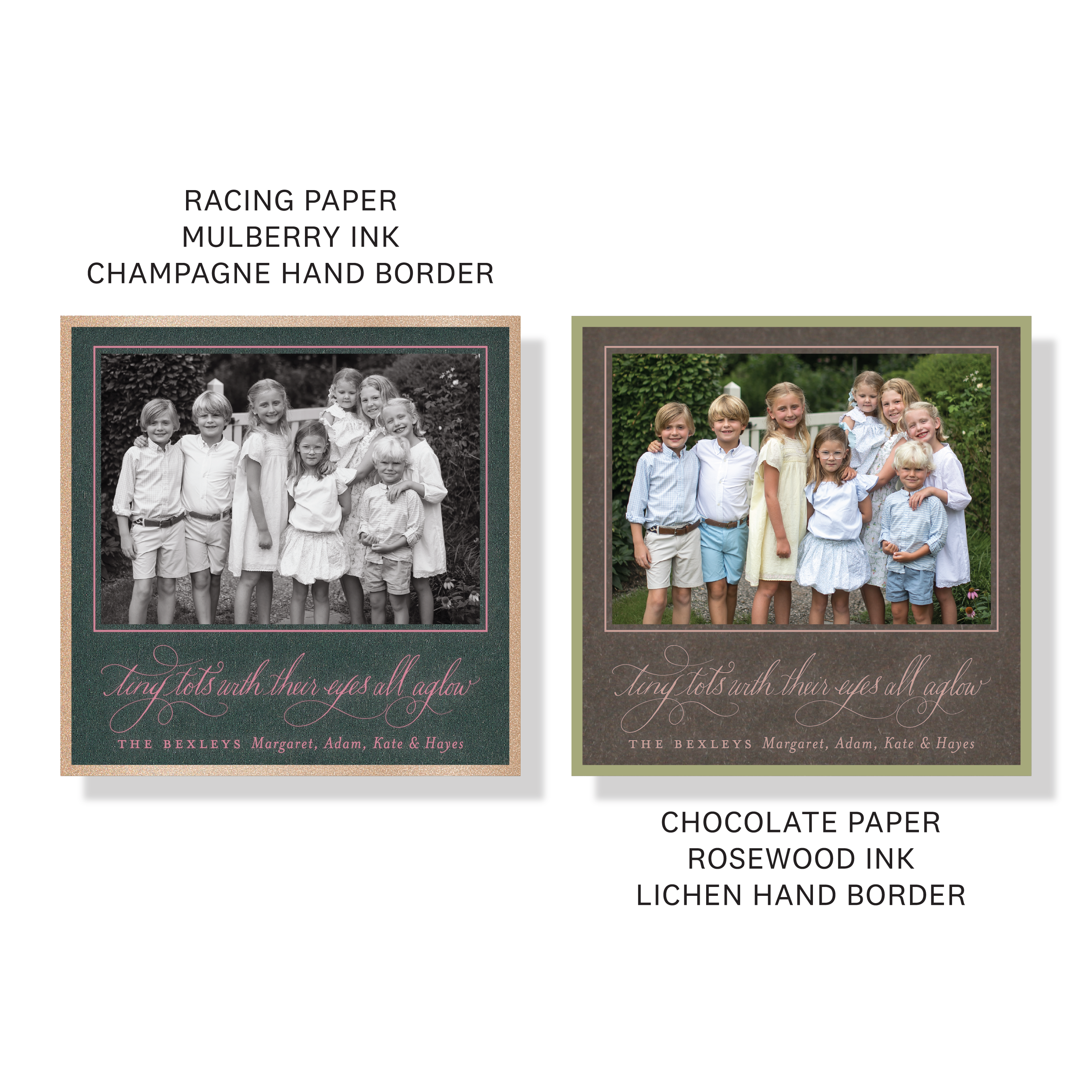 Bexley Engraved Holiday Card featuring hand-lettered “Tiny Tots with Their Eyes All Aglow” artwork and elegant traditional engraving.