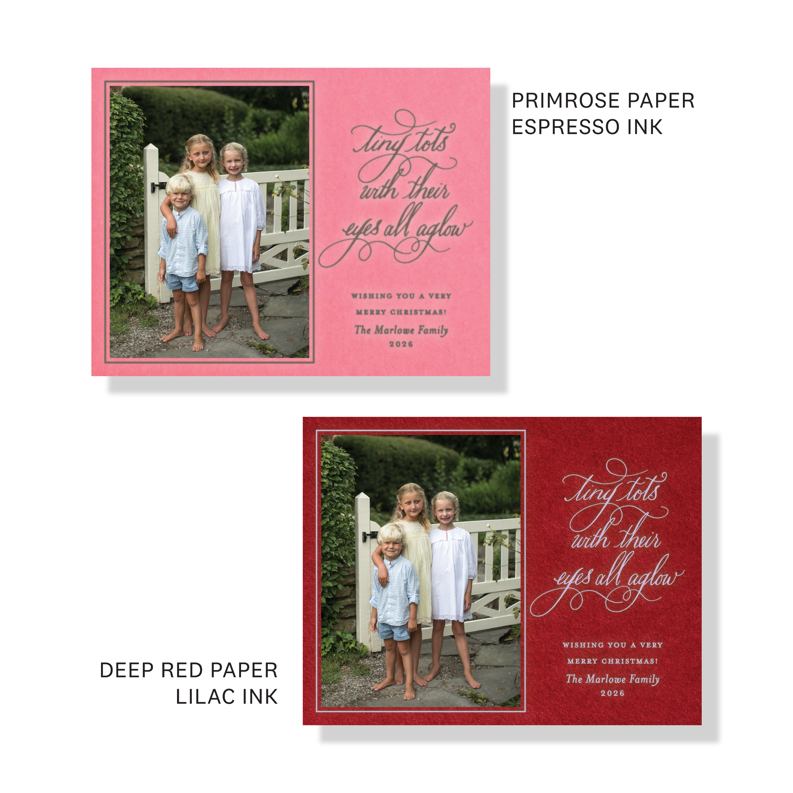 Bexley Engraved Holiday Card featuring hand-lettered “Tiny Tots with Their Eyes All Aglow” artwork and elegant traditional engraving.