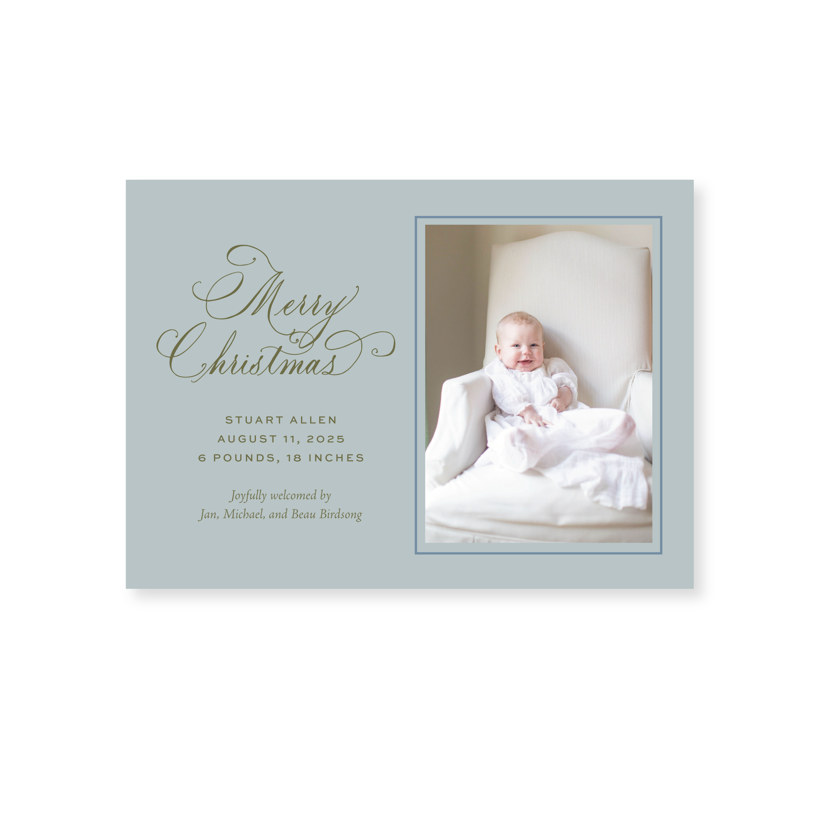 Middleton Classic Flat Print Merry Christmas photo mount birth announcement holiday card featuring elegant hand-lettered artwork by Stovall Collection.