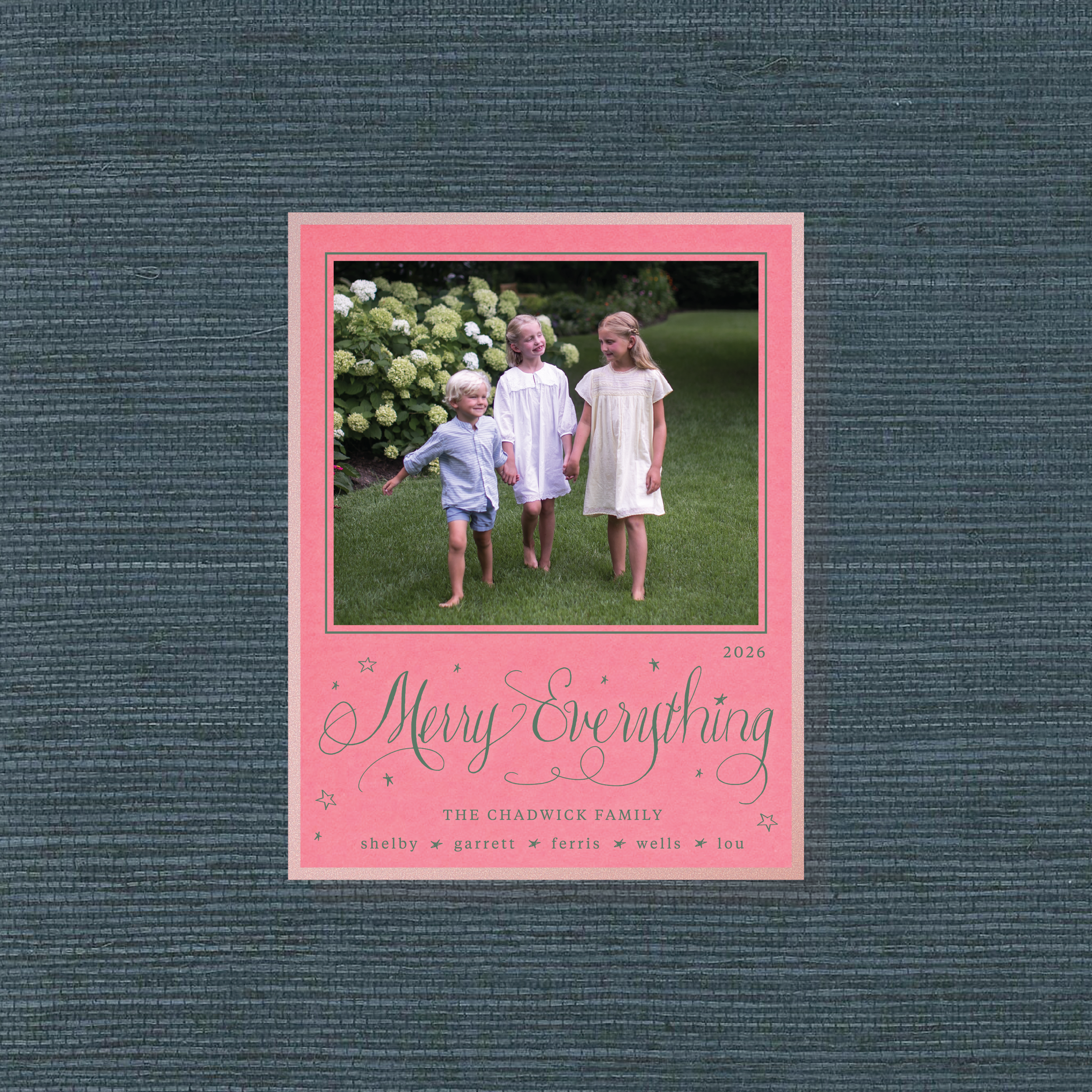 Birdsong Engraved Photo Holiday Card with expressive pen-and-ink “Merry Everything” lettering, personalized family photo, and timeless engraved details.