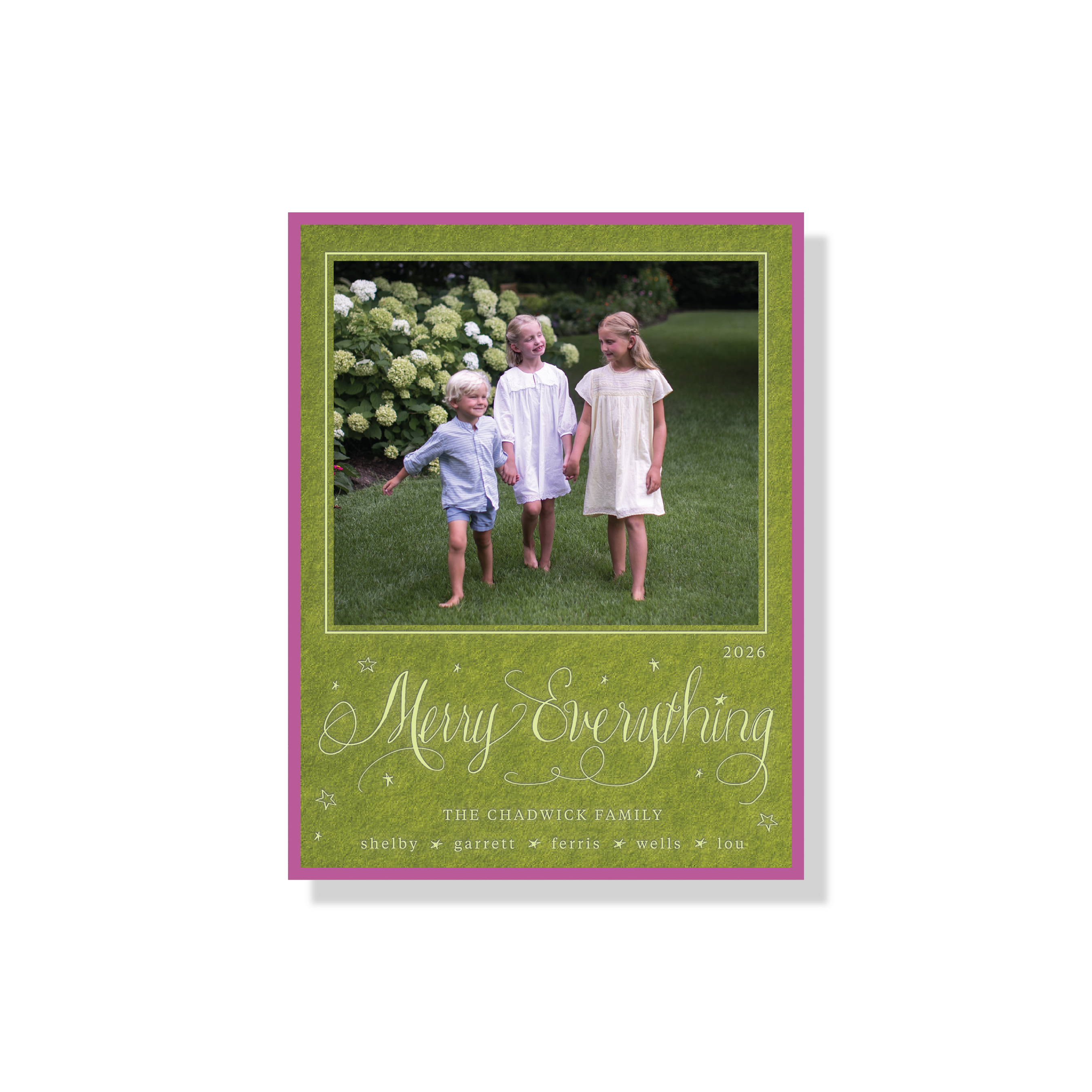Birdsong Engraved Photo Holiday Card with expressive pen-and-ink “Merry Everything” lettering, personalized family photo, and timeless engraved details.