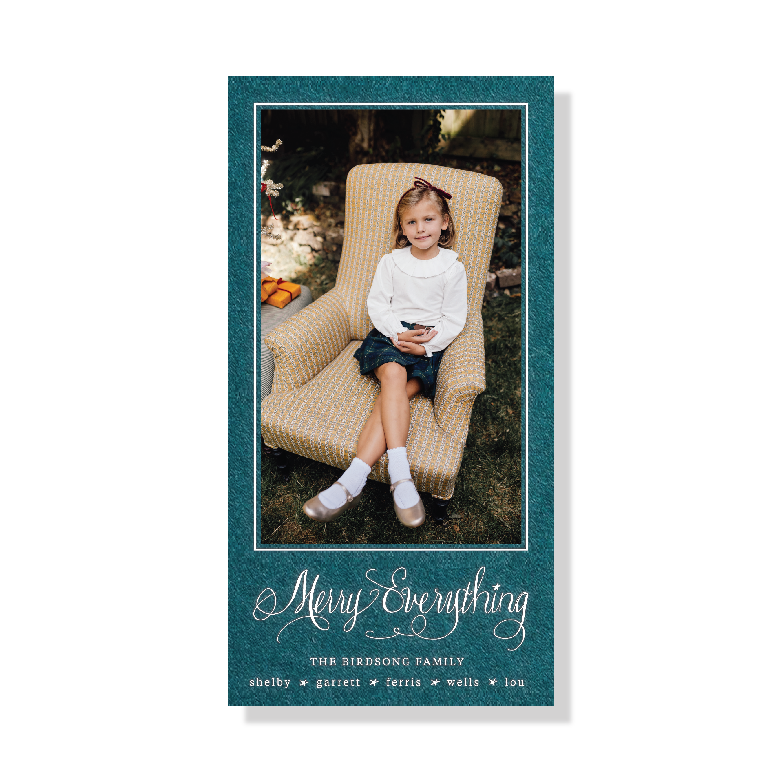 Birdsong Engraved Holiday Card featuring hand-drawn “Merry Everything” artwork, a favorite family photograph, and traditional engraved printing.