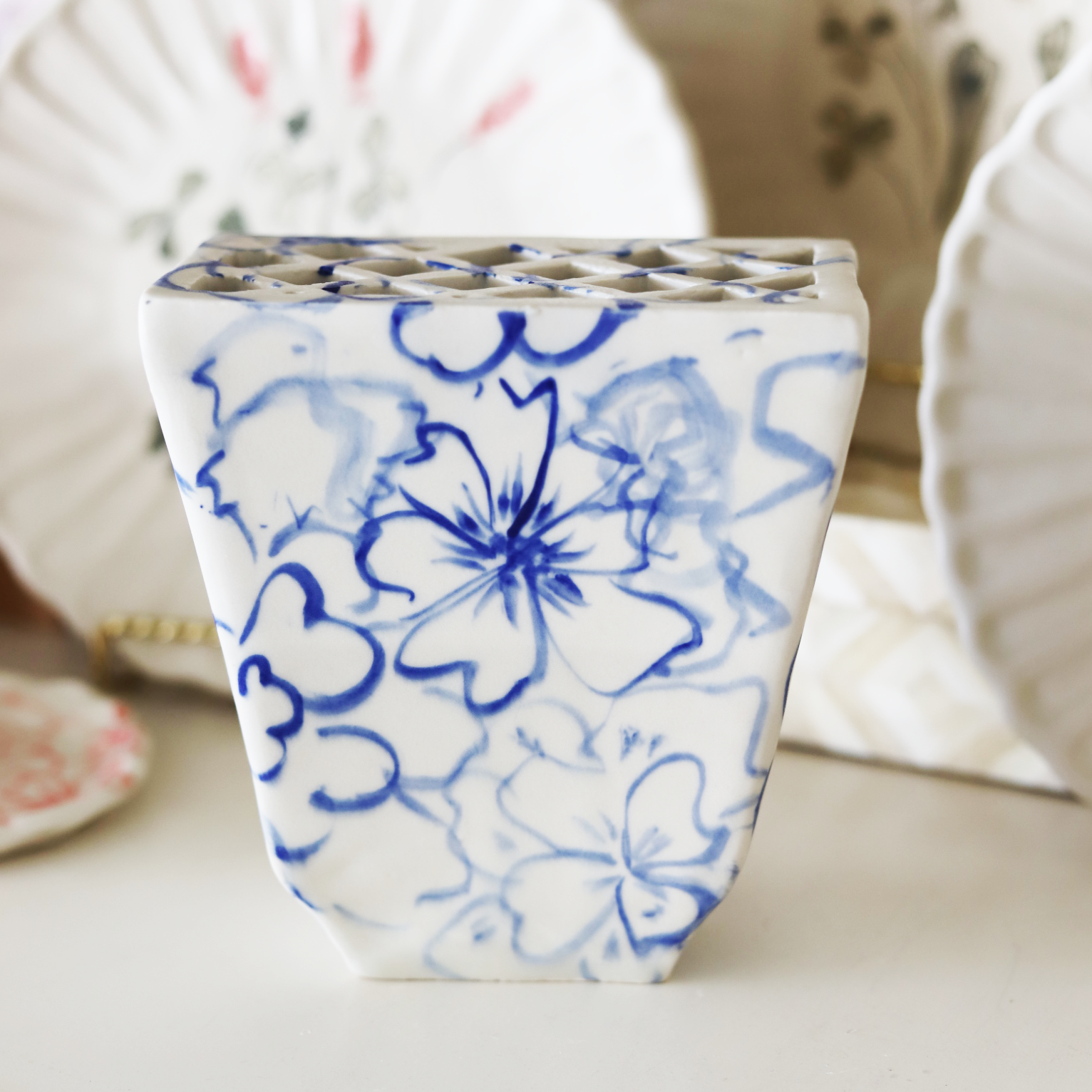 Blue Floral Trapezoid Brick Vase