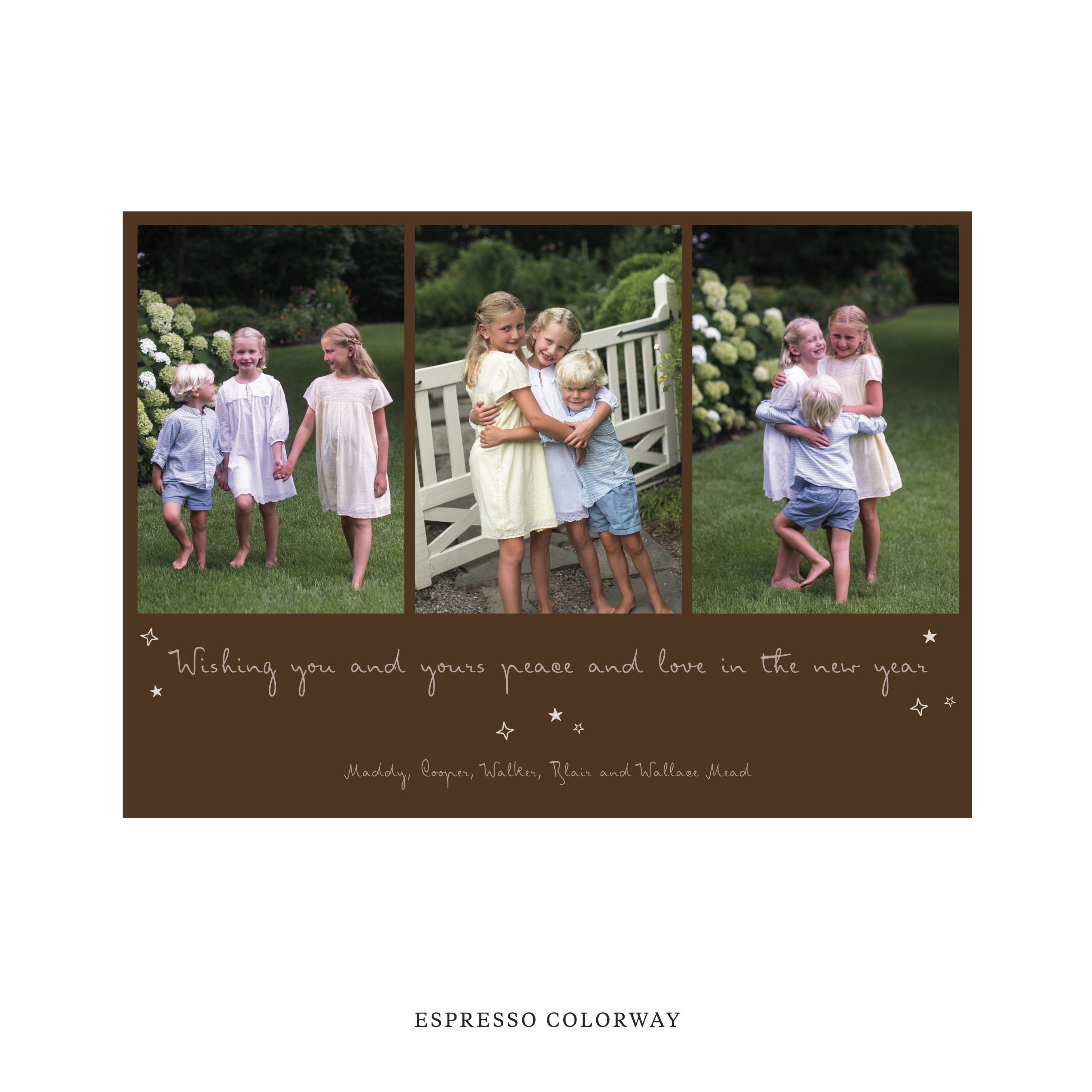 Celebrate the season with the Blythe  "Wishing you and yours peace and love in the New Year" Holiday Card by Stovall Collection. Featuring original hand-lettered artwork, this luxury personalized photo mount holiday card is available in 22 thoughtfully curated flat printing colorways.