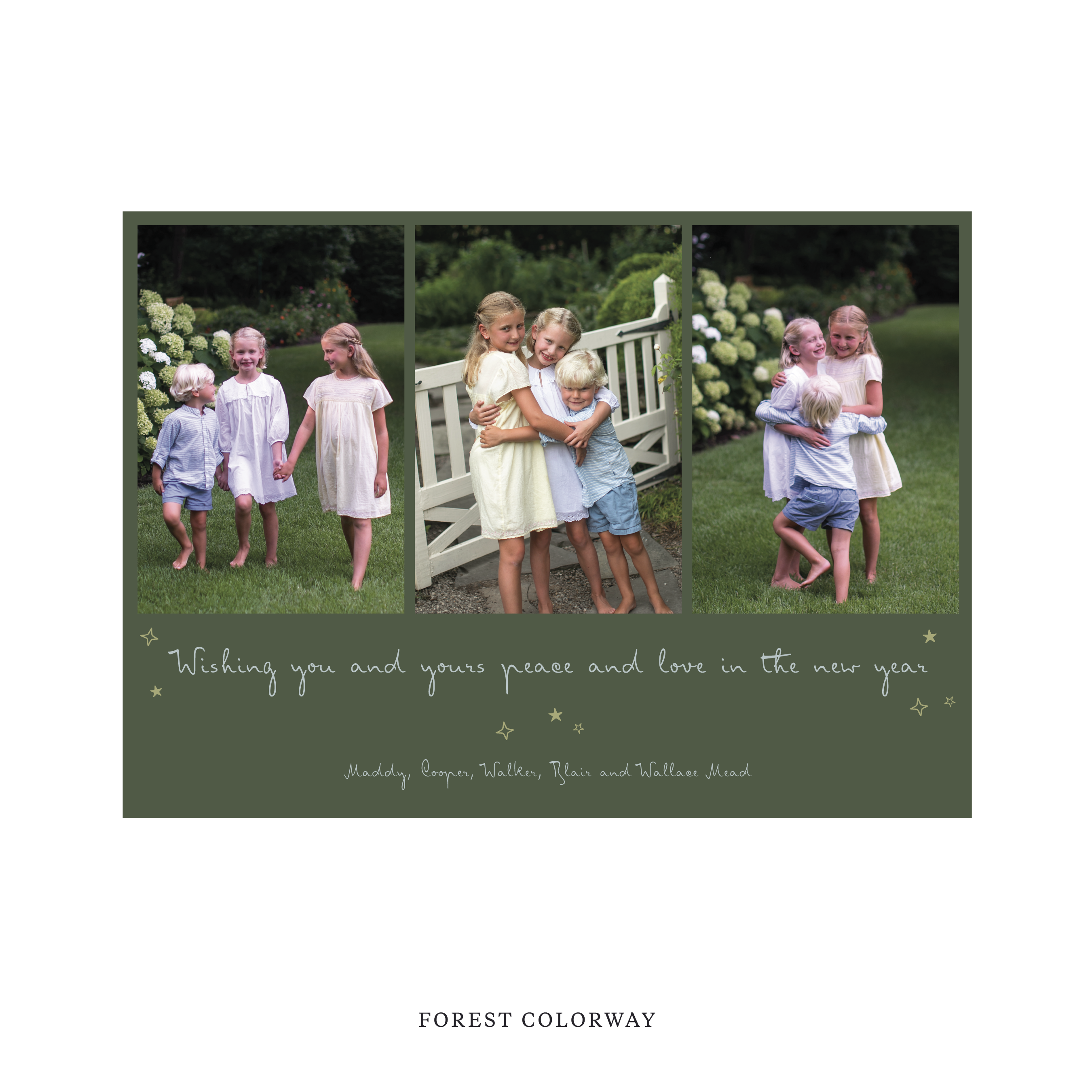 Celebrate the season with the Blythe  "Wishing you and yours peace and love in the New Year" Holiday Card by Stovall Collection. Featuring original hand-lettered artwork, this luxury personalized photo mount holiday card is available in 22 thoughtfully curated flat printing colorways.