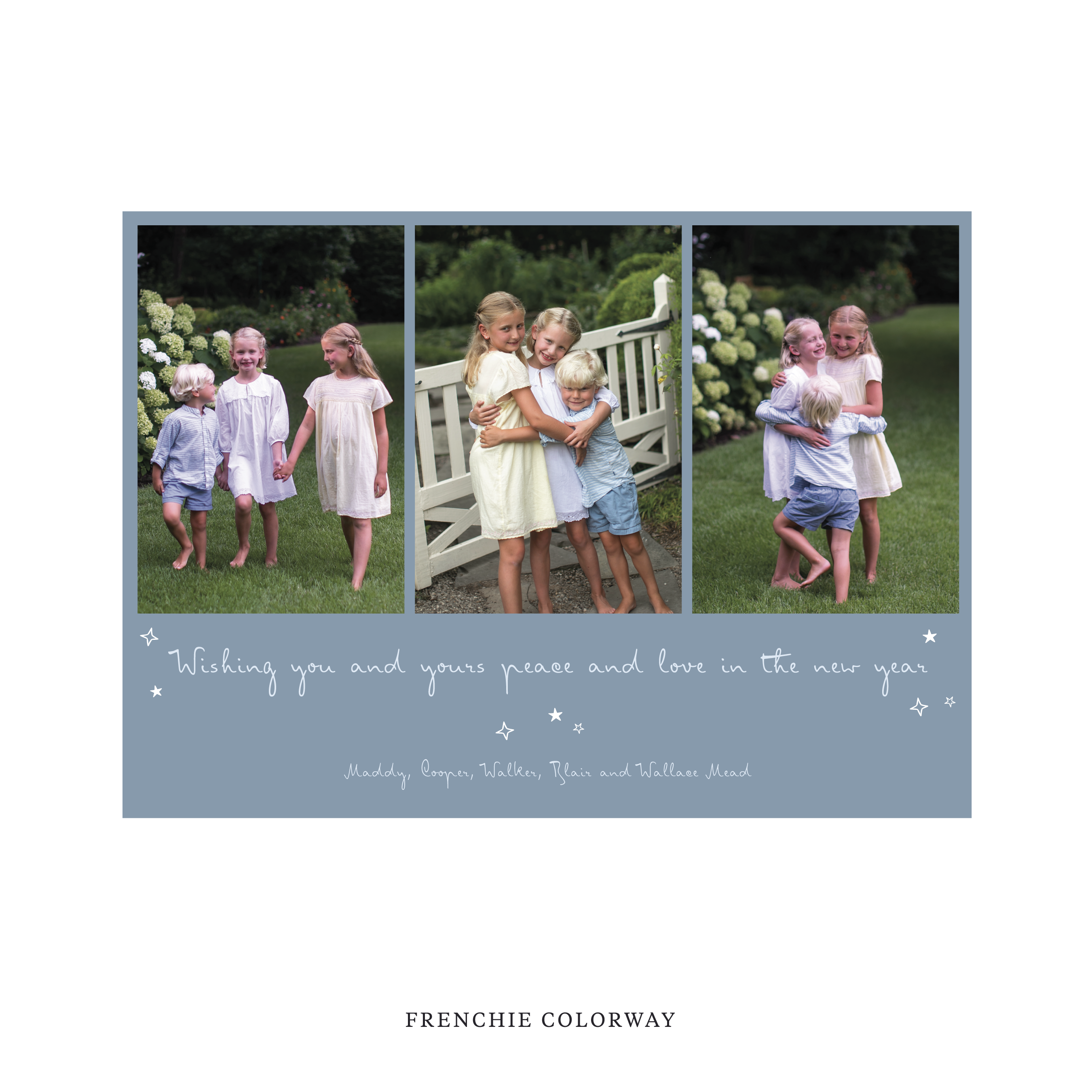 Celebrate the season with the Blythe  "Wishing you and yours peace and love in the New Year" Holiday Card by Stovall Collection. Featuring original hand-lettered artwork, this luxury personalized photo mount holiday card is available in 22 thoughtfully curated flat printing colorways.