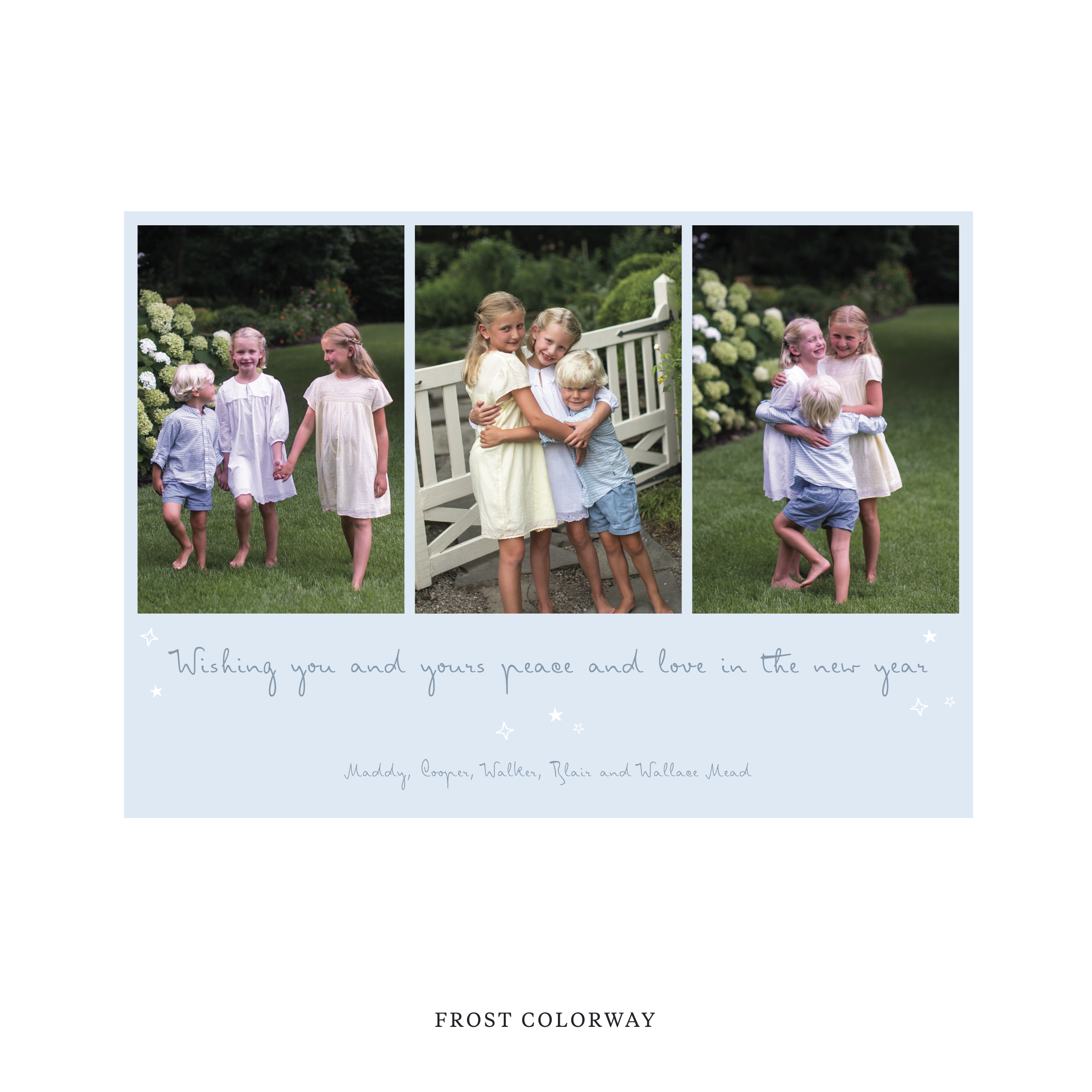Celebrate the season with the Blythe  "Wishing you and yours peace and love in the New Year" Holiday Card by Stovall Collection. Featuring original hand-lettered artwork, this luxury personalized photo mount holiday card is available in 22 thoughtfully curated flat printing colorways.