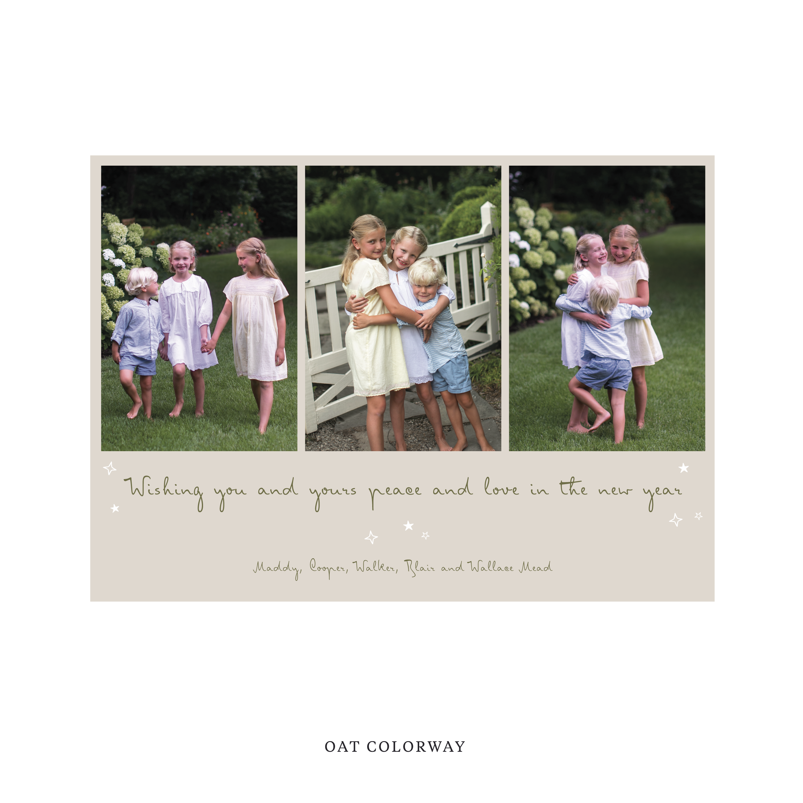 Celebrate the season with the Blythe  "Wishing you and yours peace and love in the New Year" Holiday Card by Stovall Collection. Featuring original hand-lettered artwork, this luxury personalized photo mount holiday card is available in 22 thoughtfully curated flat printing colorways.