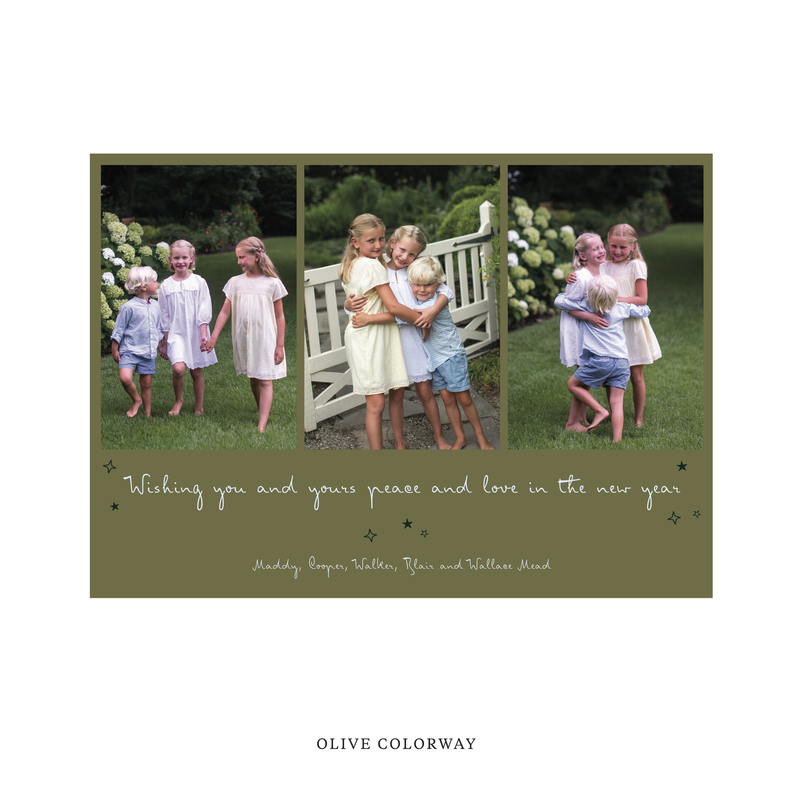 Celebrate the season with the Blythe  "Wishing you and yours peace and love in the New Year" Holiday Card by Stovall Collection. Featuring original hand-lettered artwork, this luxury personalized photo mount holiday card is available in 22 thoughtfully curated flat printing colorways.
