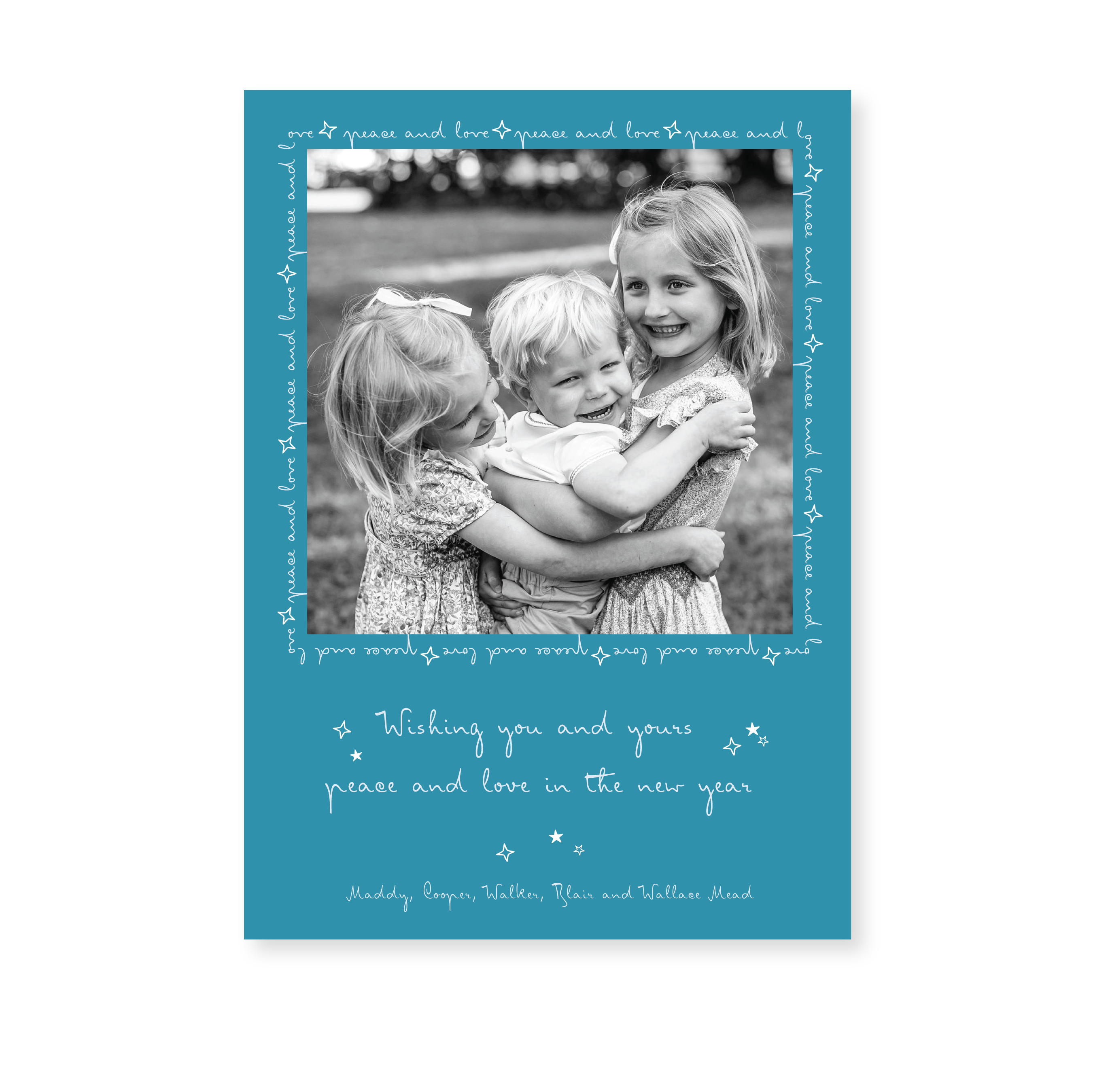 Blythe Classic Flat Print personalized photo mount holiday card featuring customizable handwritten-inspired typography and illustrated border by Stovall Collection.
