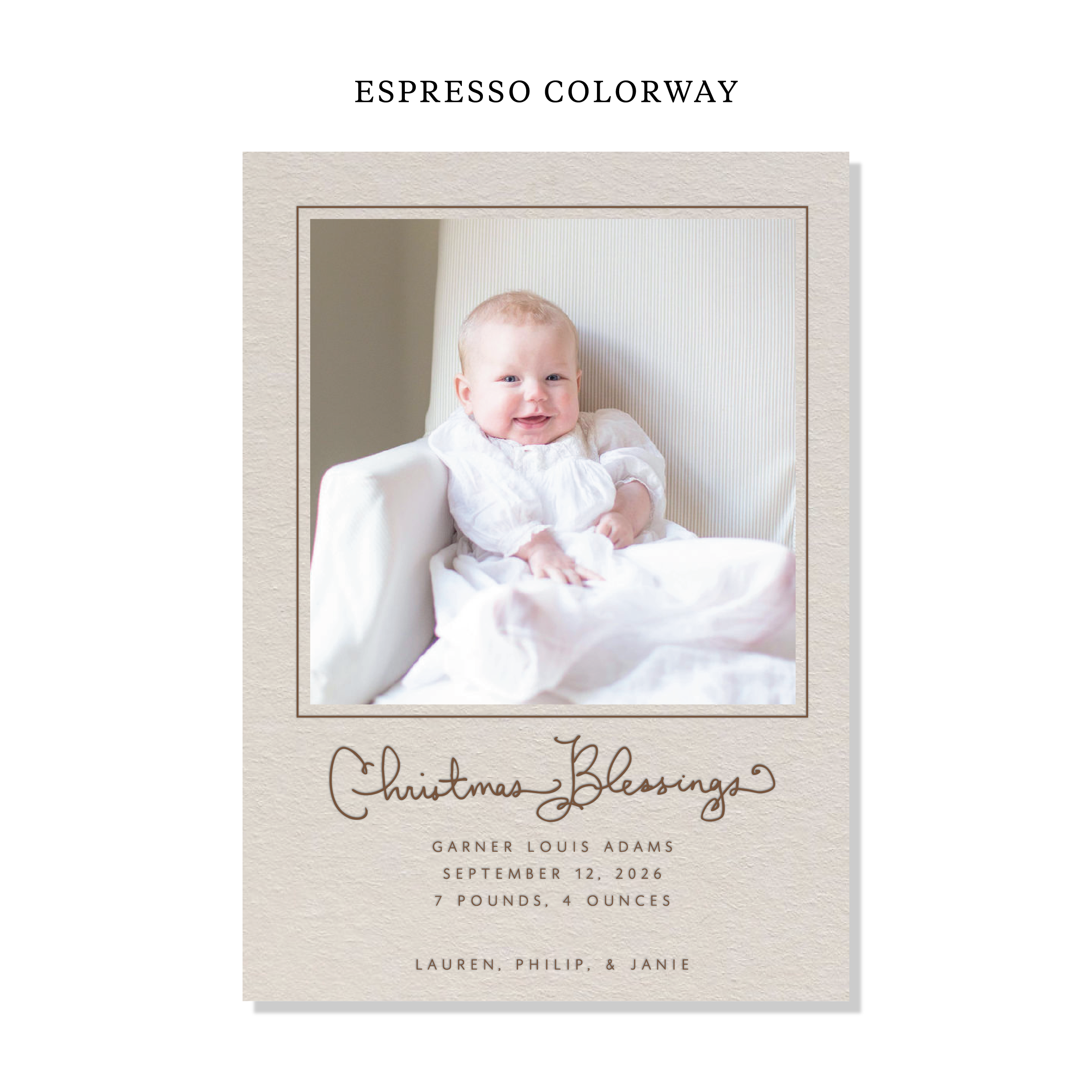 Brantley Birth Announcement Letterpress Holiday Card, Large (Colored Paper)