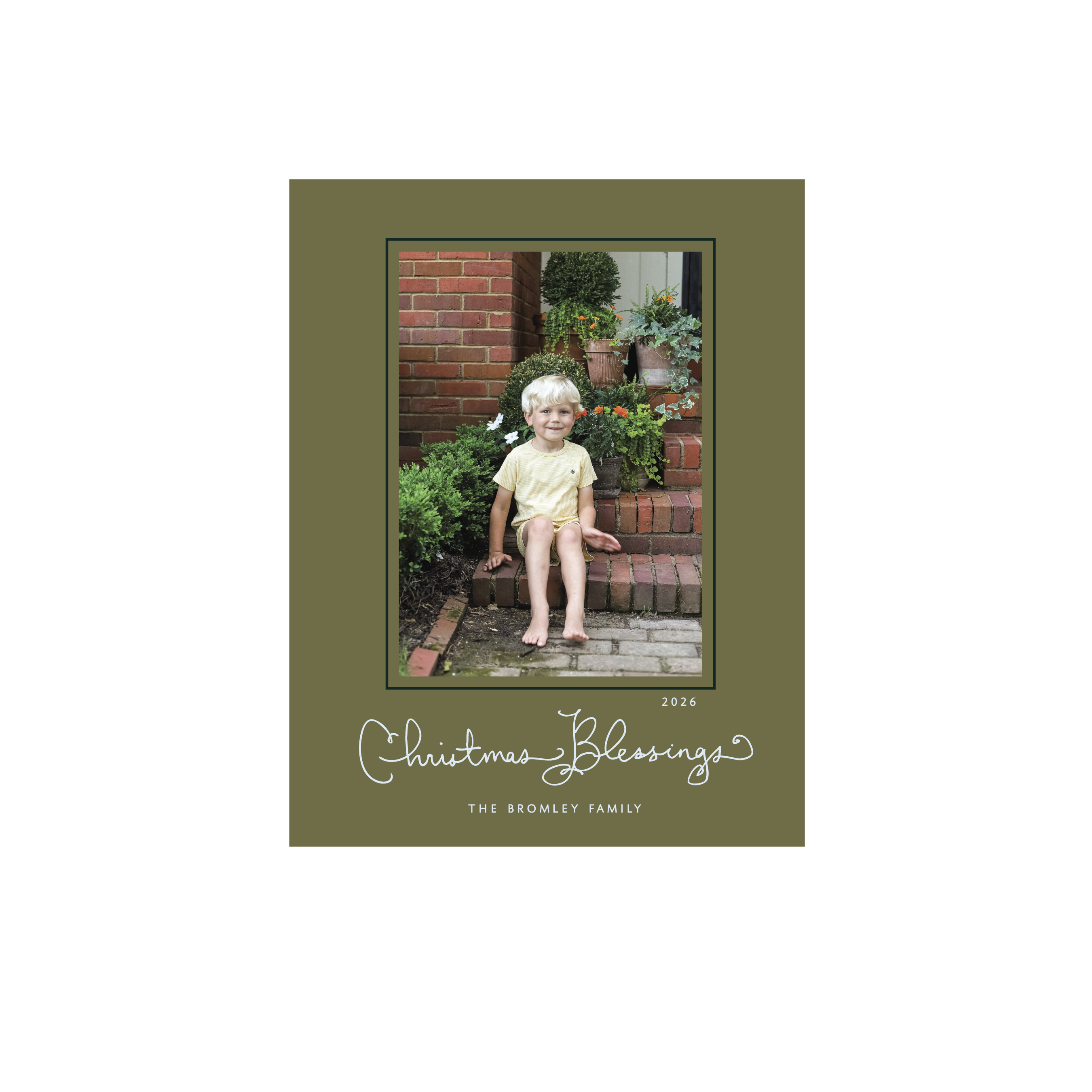 Brantley Classic Flat Print Holiday Card featuring whimsical hand-lettered calligraphy and a mounted family photograph by Stovall Collection.