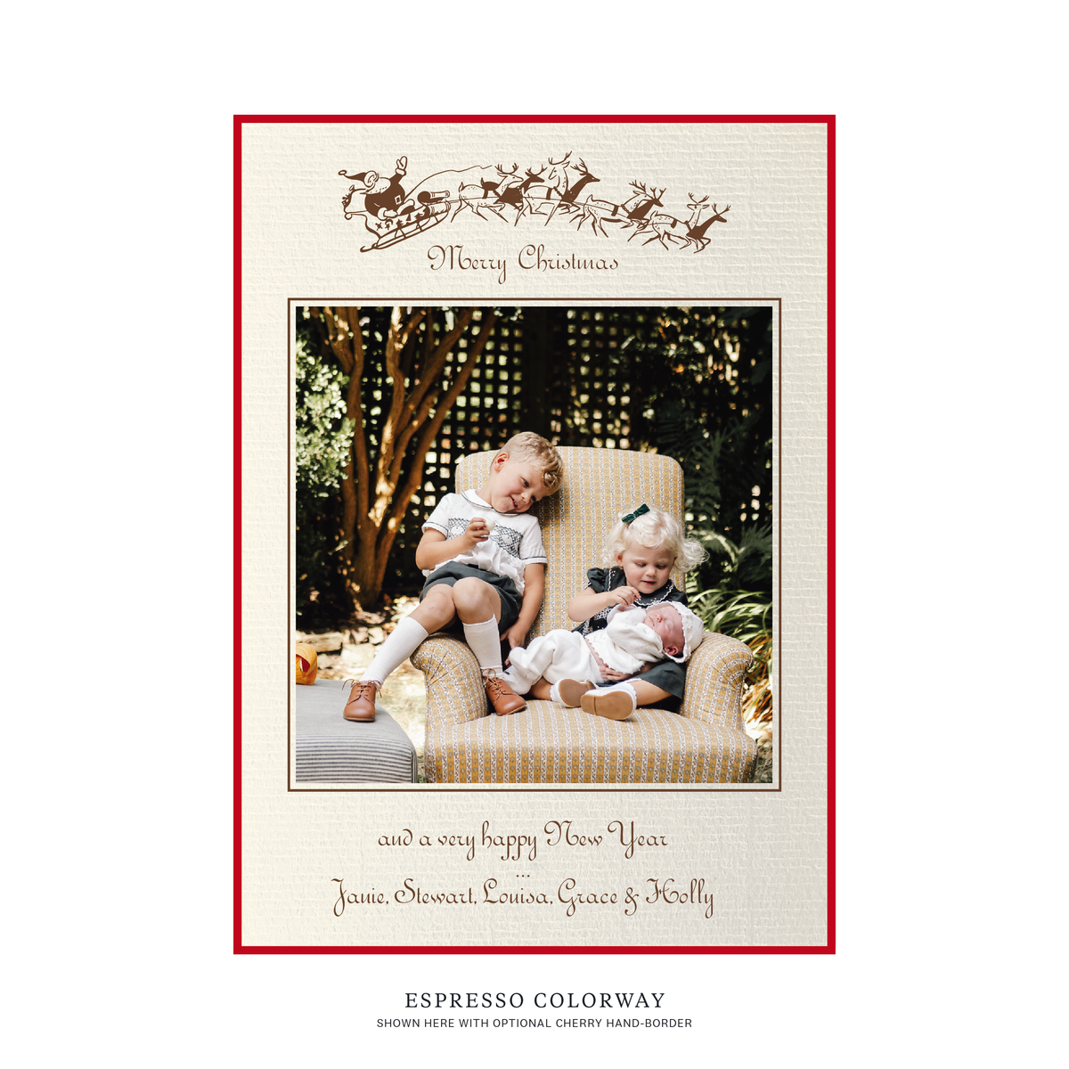 The Campbell personalized photo Christmas card by Stovall Collection, featuring vintage Santa and reindeer artwork, classic typography and a family photograph on creamy laid paper.