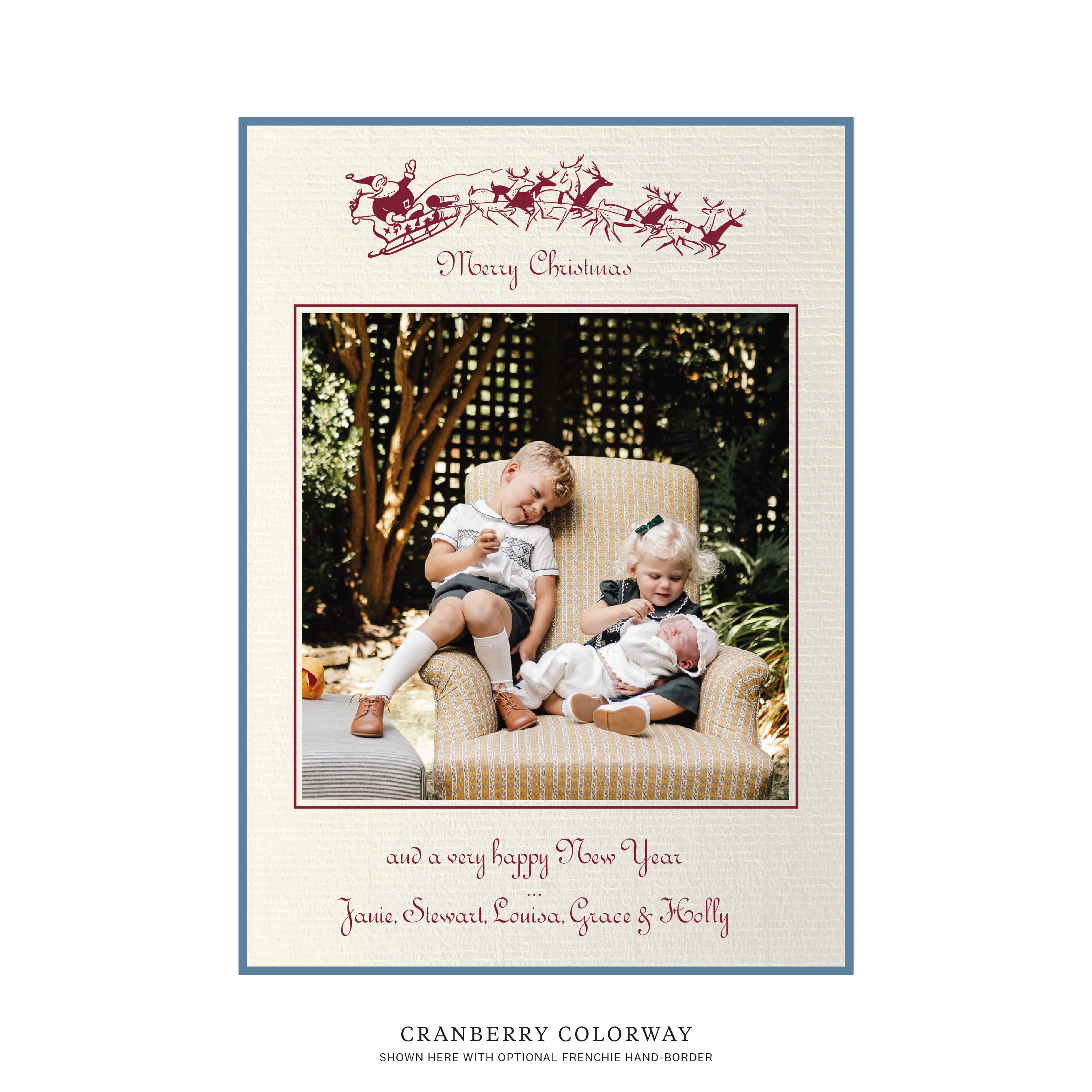 The Campbell personalized photo Christmas card by Stovall Collection, featuring vintage Santa and reindeer artwork, classic typography and a family photograph on creamy laid paper.