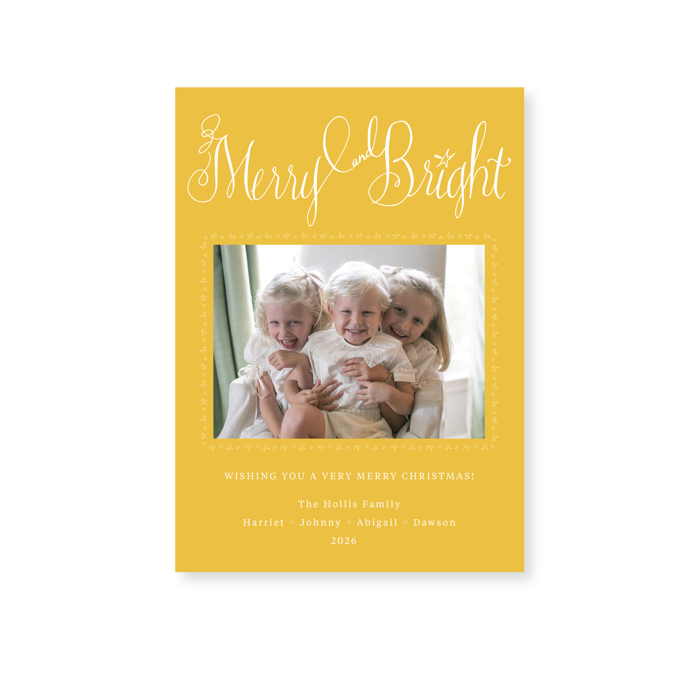 Caldwell Classic Flat Print Merry and Bright photo mount holiday card featuring original pen-and-ink artwork by Stovall Collection.