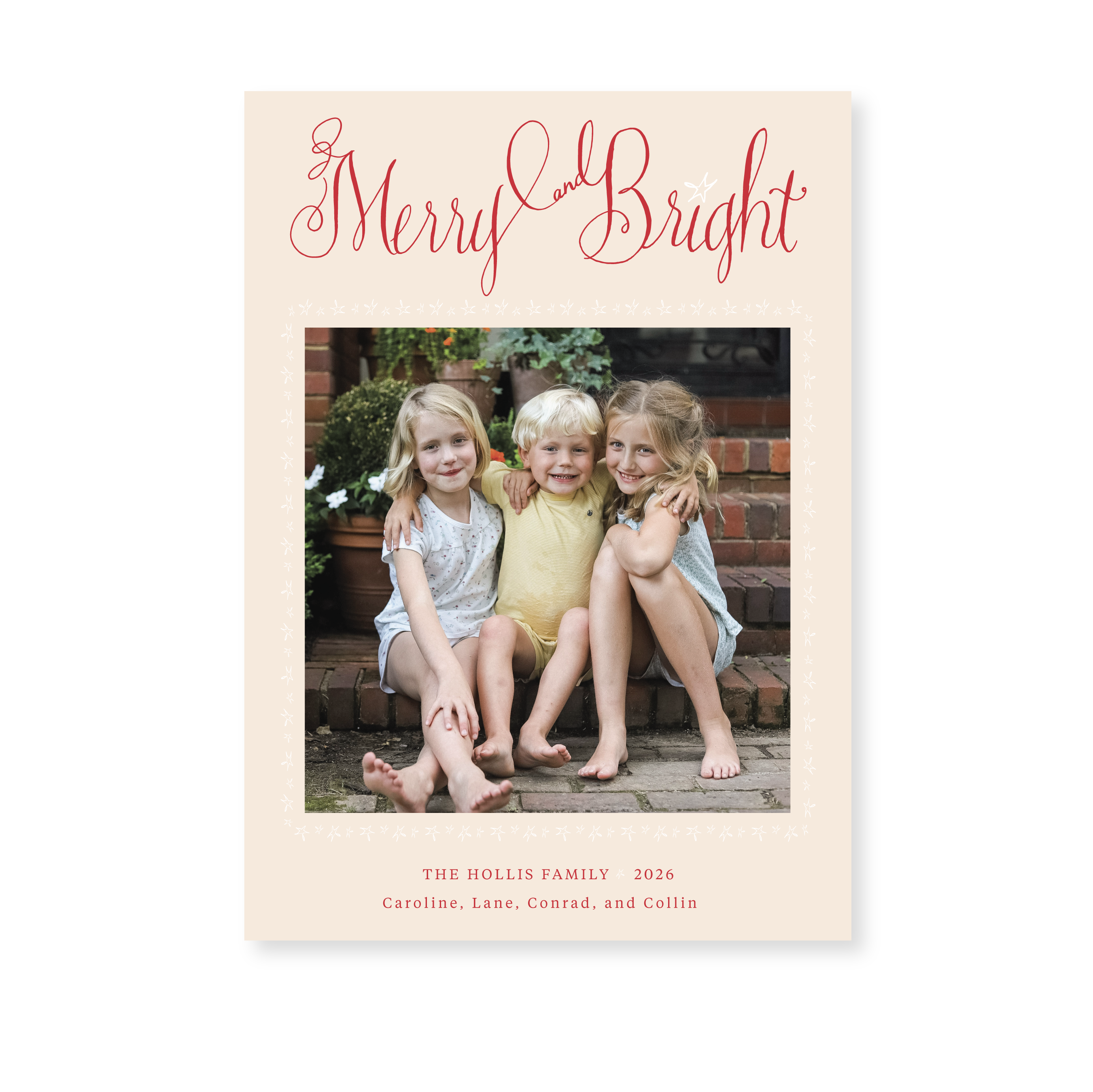 Caldwell Classic Flat Print Merry and Bright photo mount holiday card featuring original pen-and-ink artwork by Stovall Collection.
