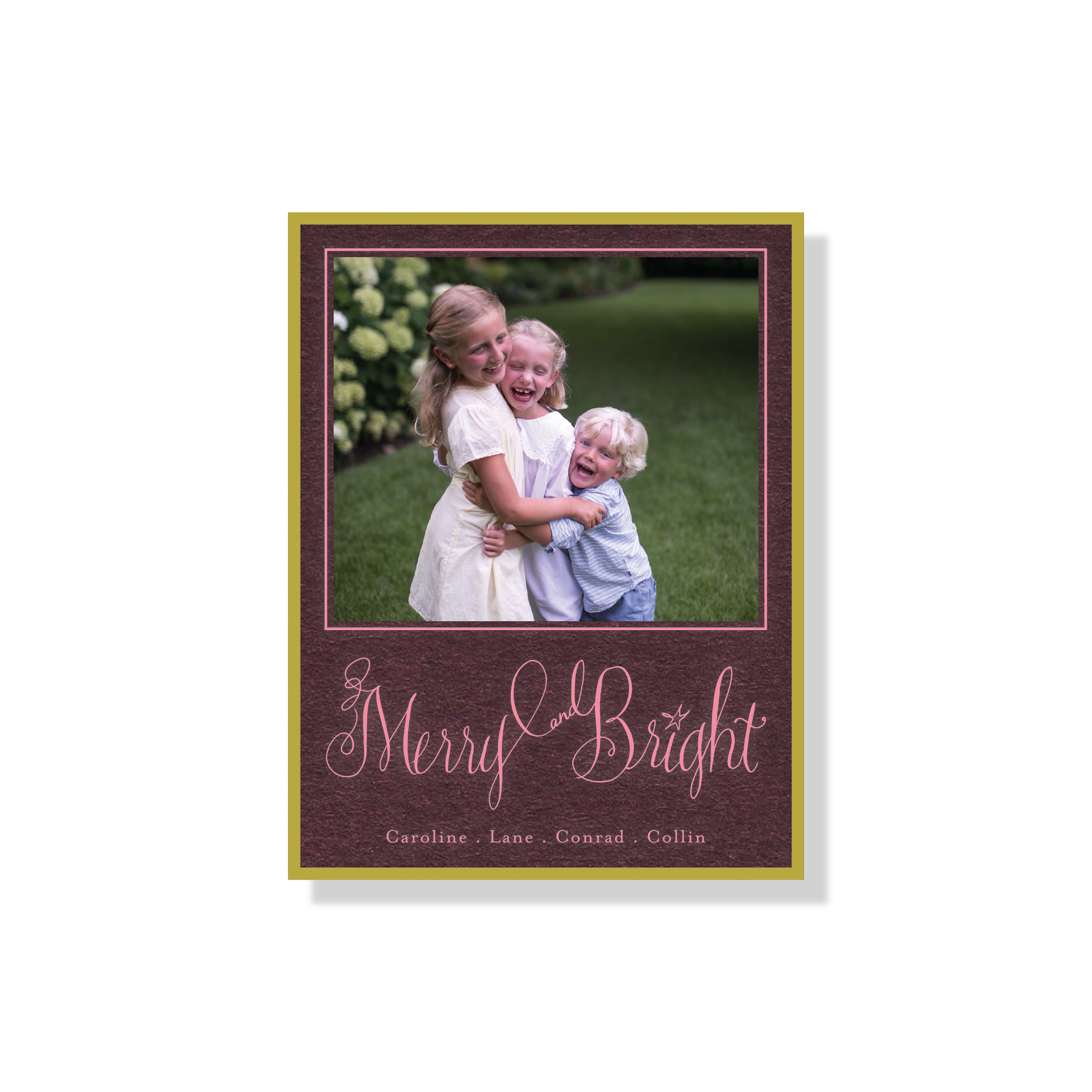 Caldwell Engraved Holiday Card featuring hand-drawn “Merry and Bright” artwork, a favorite family photograph, and elegant traditional engraved printing.