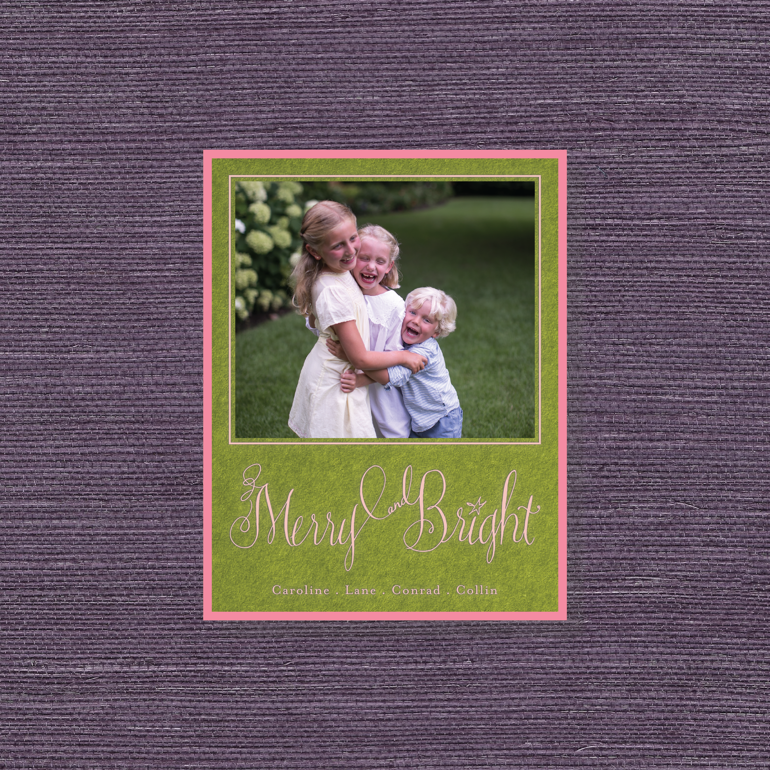 Caldwell Engraved Holiday Card featuring hand-drawn “Merry and Bright” artwork, a favorite family photograph, and elegant traditional engraved printing.
