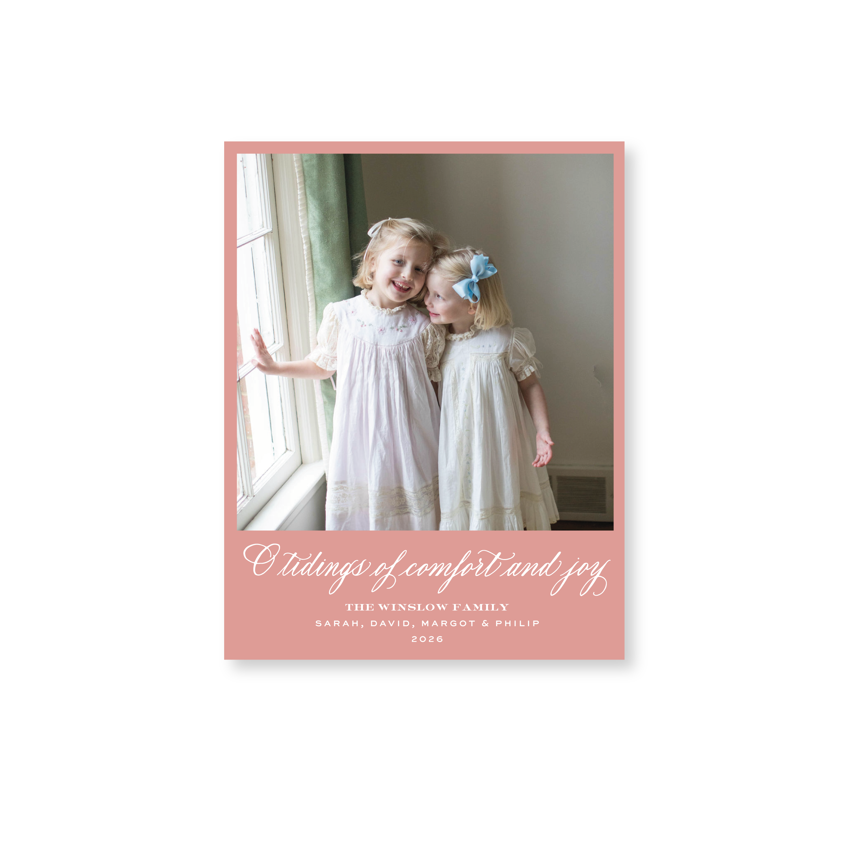 Calloway Classic Flat Print Tidings of Comfort and Joy photo mount holiday card featuring elegant hand-lettered artwork by Stovall Collection.