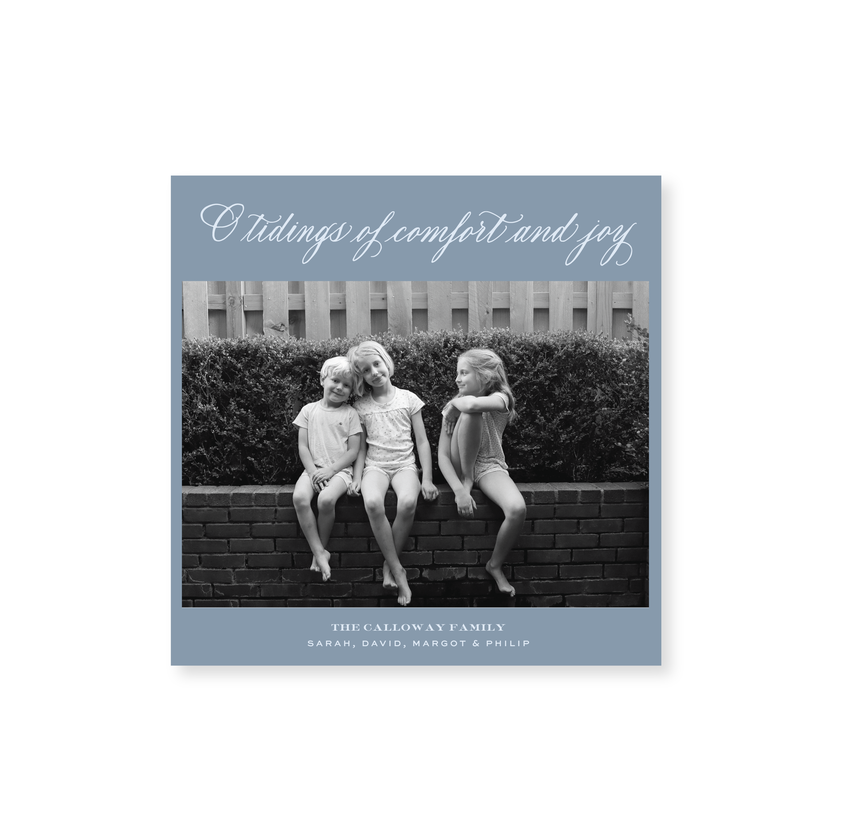 Calloway Classic Flat Print Tidings of Comfort and Joy photo mount holiday card featuring elegant hand-lettered artwork by Stovall Collection.