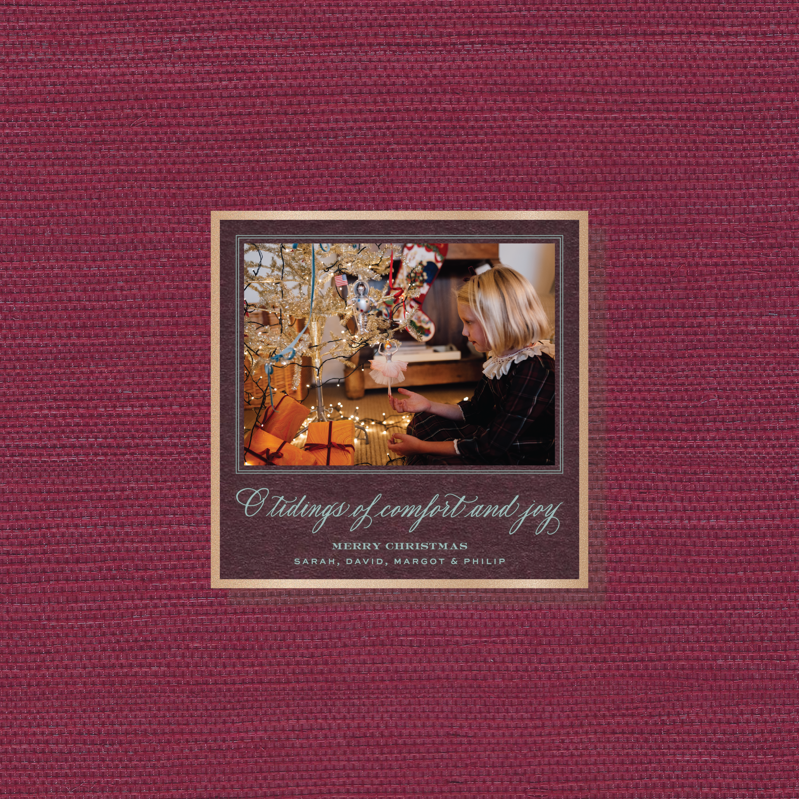 Calloway Engraved Christmas Photo Card with elegant calligraphy, a personalized family photo, and crisp, raised engraved details.
