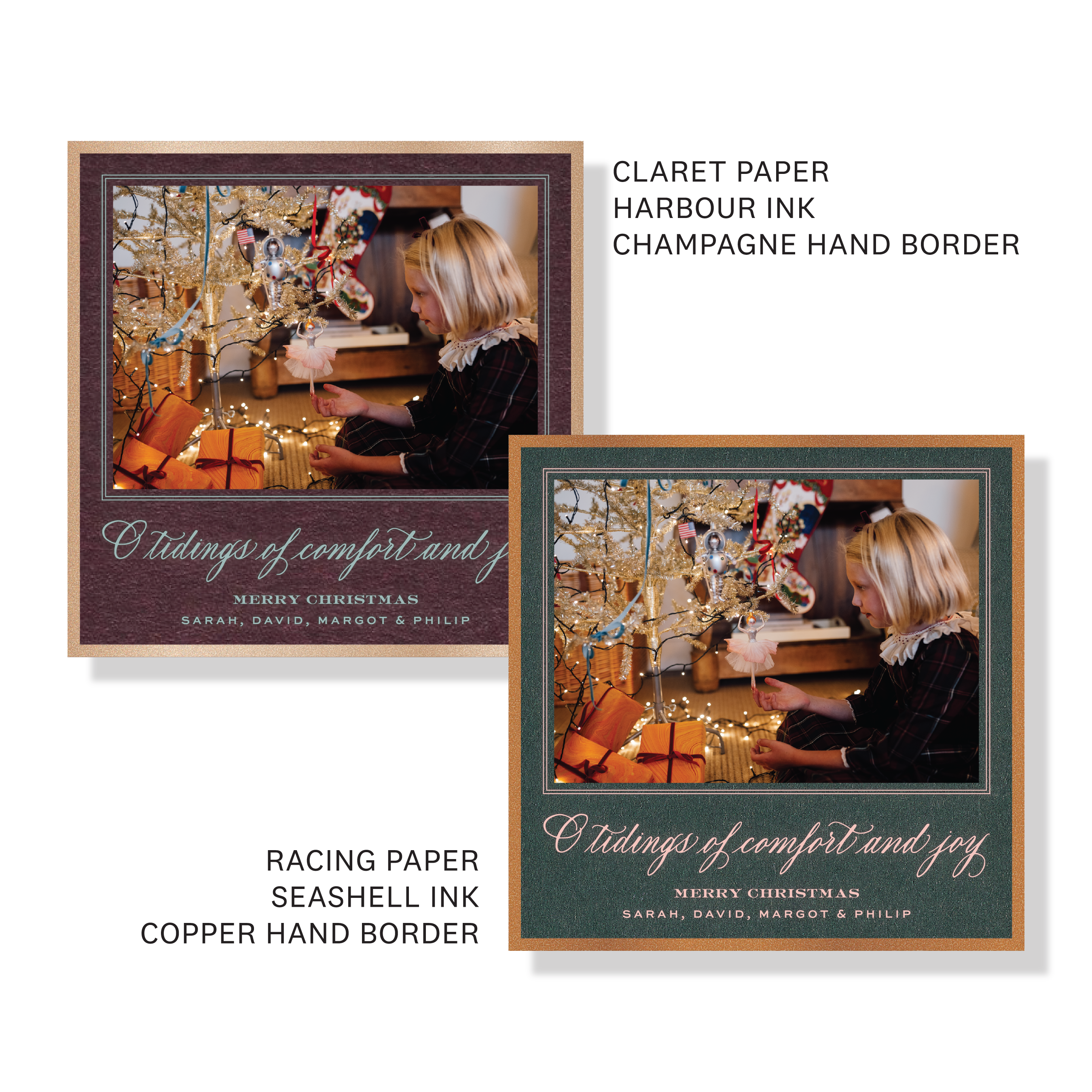 Calloway Engraved Christmas Photo Card with elegant calligraphy, a personalized family photo, and crisp, raised engraved details.