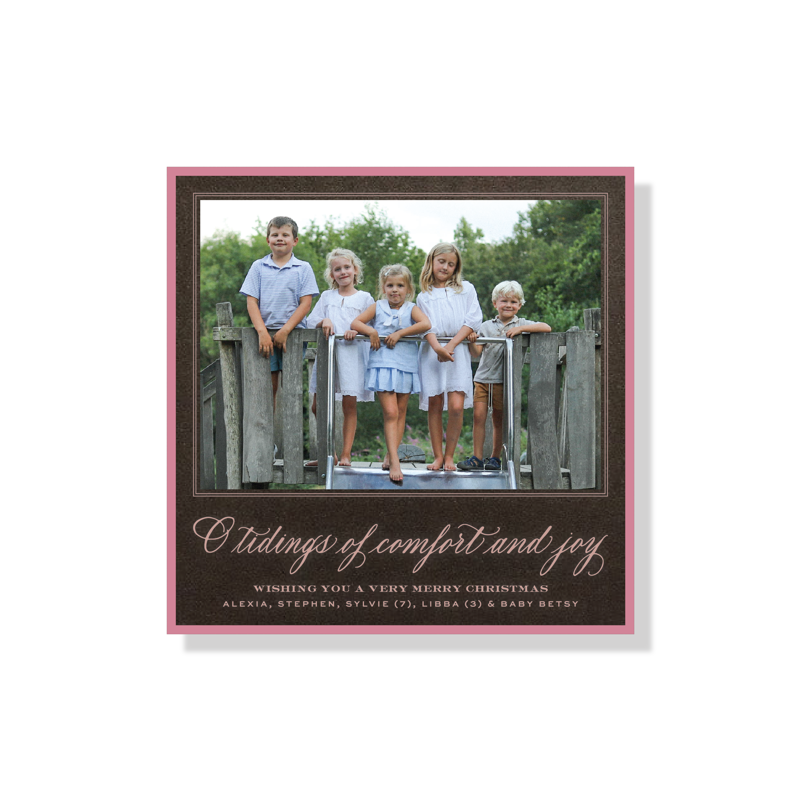 Calloway Engraved Holiday Card featuring hand-lettered “Tidings of Comfort and Joy” artwork, a favorite family photograph, and traditional engraving.