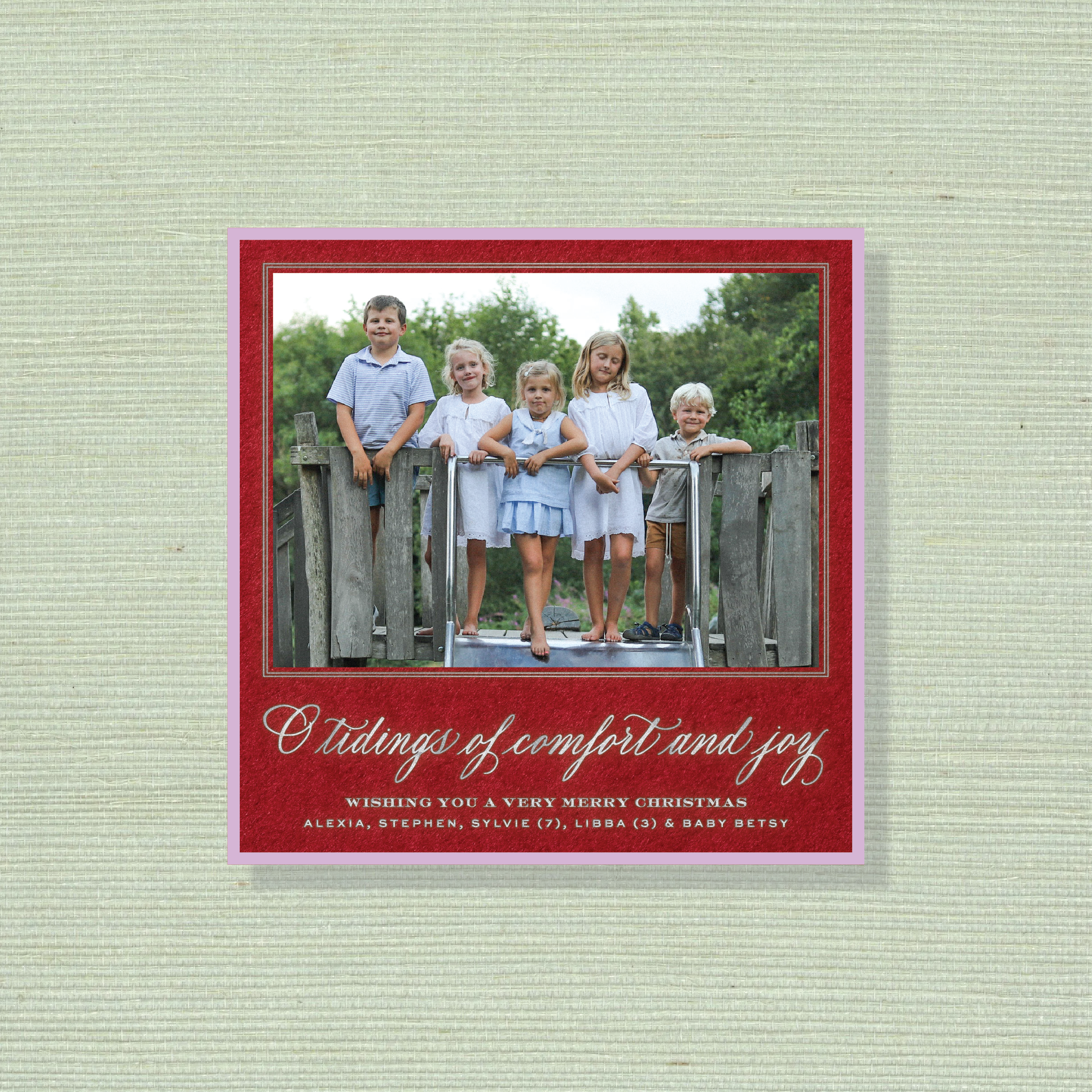 Calloway Engraved Holiday Card featuring hand-lettered “Tidings of Comfort and Joy” artwork, a favorite family photograph, and traditional engraving.
