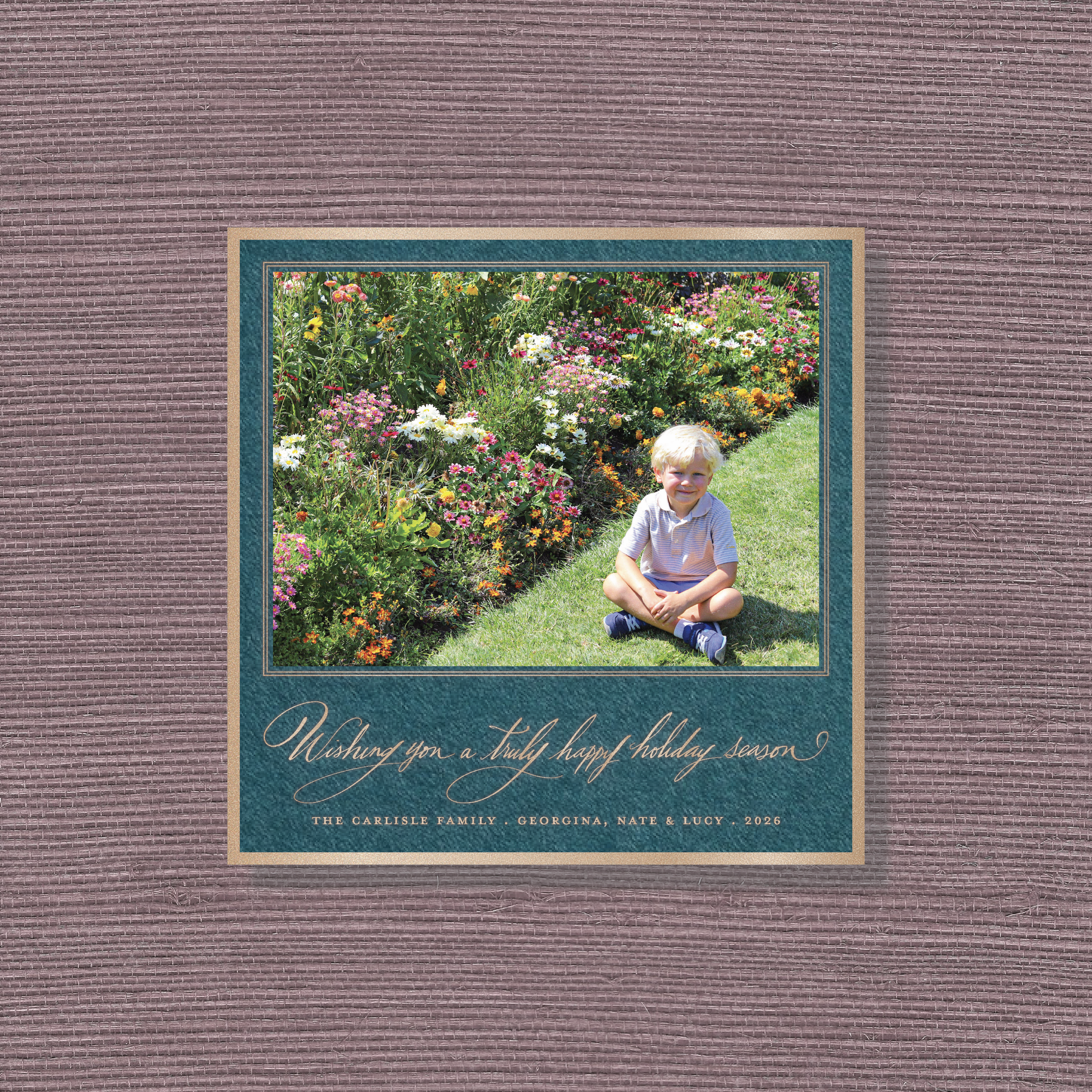 Carlisle Engraved Holiday Card featuring hand-lettered “Wishing you a truly happy holiday season” artwork, a favorite family photograph, and traditional engraving.