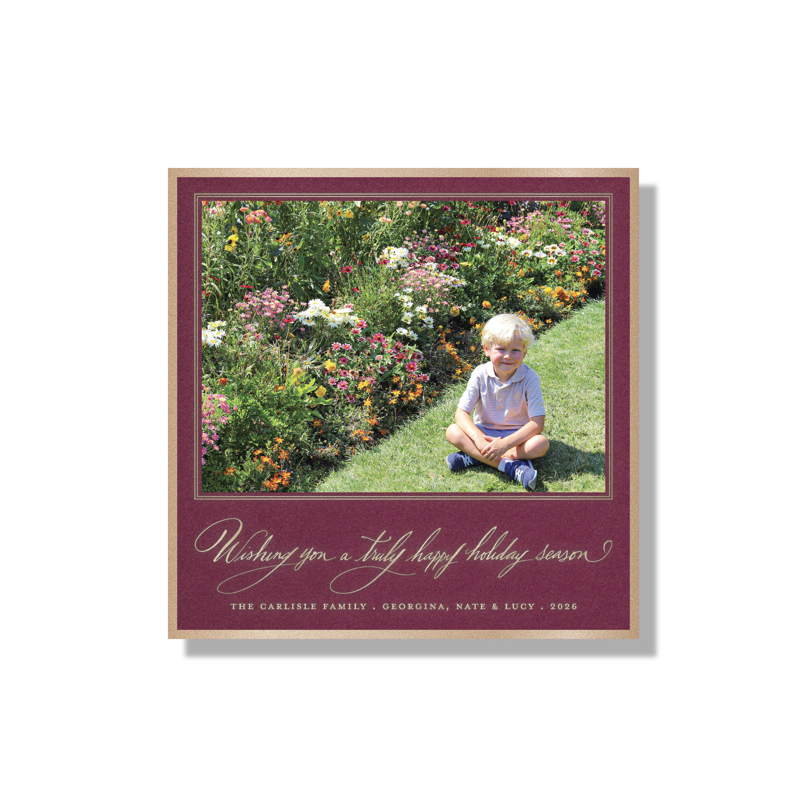 Carlisle Engraved Holiday Card featuring hand-lettered “Wishing you a truly happy holiday season” artwork, a favorite family photograph, and traditional engraving.