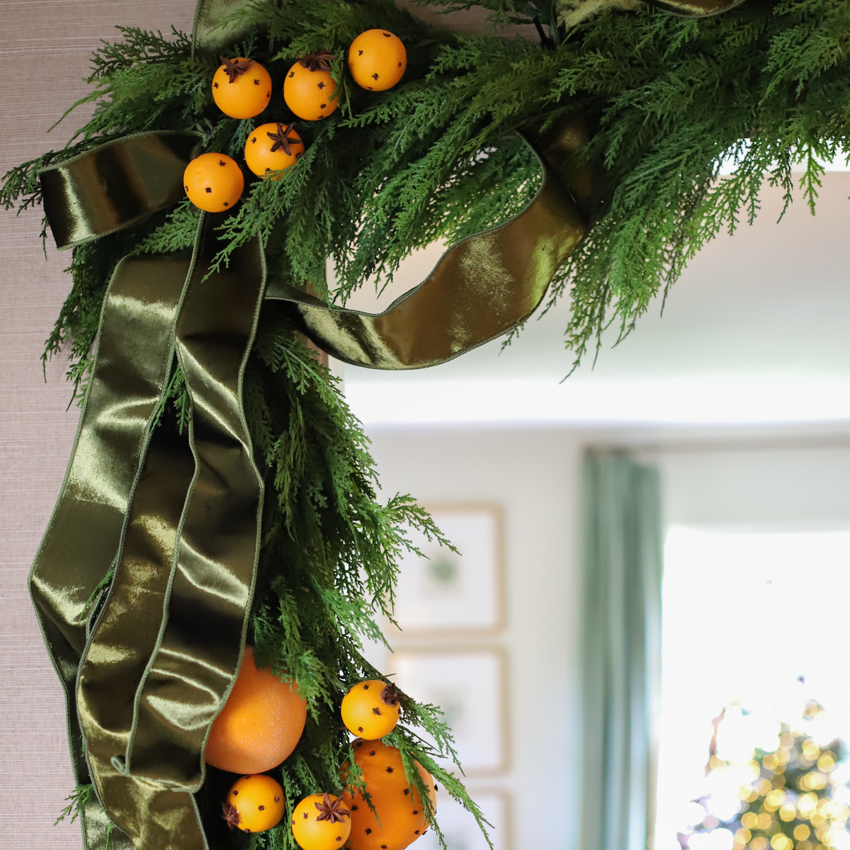 Lush Hampshire Cedar Garland draped around doorway for Christmas