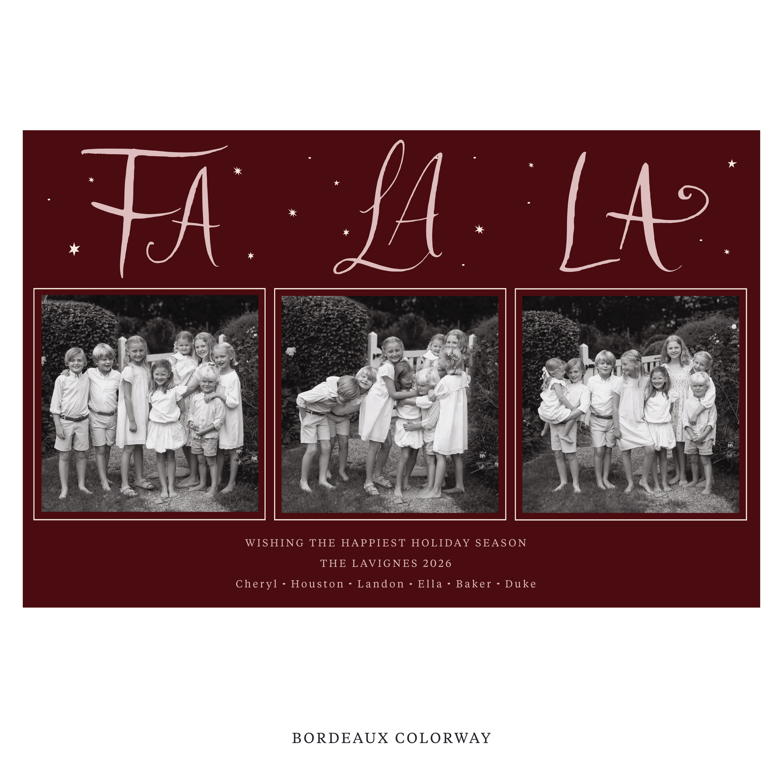 Celebrate the season with the Chadwick "Fa La La" Holiday Card by Stovall Collection. Featuring original hand-lettered artwork, this luxury personalized photo mount holiday card is available in 22 thoughtfully curated flat printing colorways.