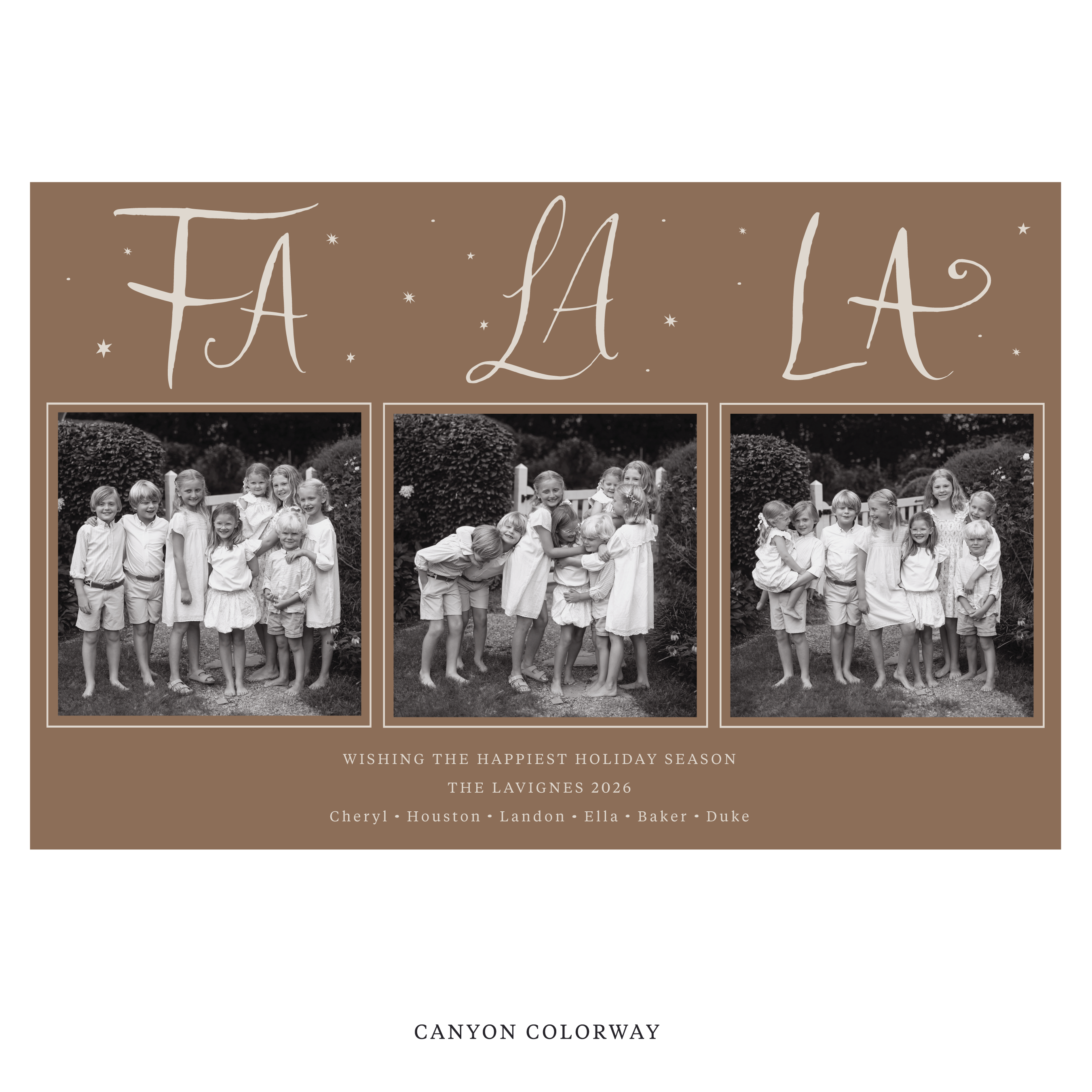 Celebrate the season with the Chadwick "Fa La La" Holiday Card by Stovall Collection. Featuring original hand-lettered artwork, this luxury personalized photo mount holiday card is available in 22 thoughtfully curated flat printing colorways.