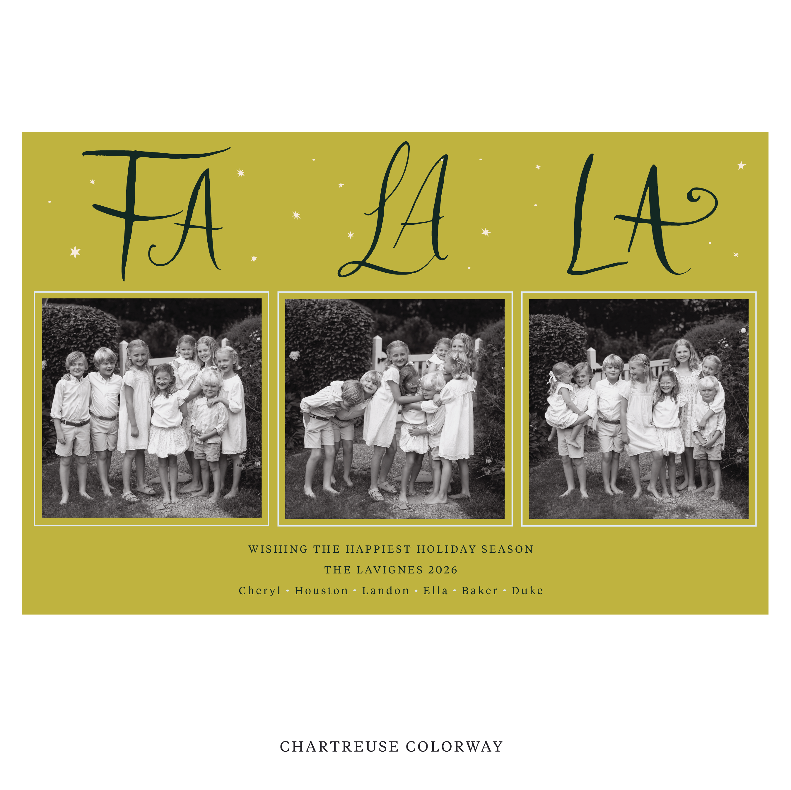 Celebrate the season with the Chadwick "Fa La La" Holiday Card by Stovall Collection. Featuring original hand-lettered artwork, this luxury personalized photo mount holiday card is available in 22 thoughtfully curated flat printing colorways.