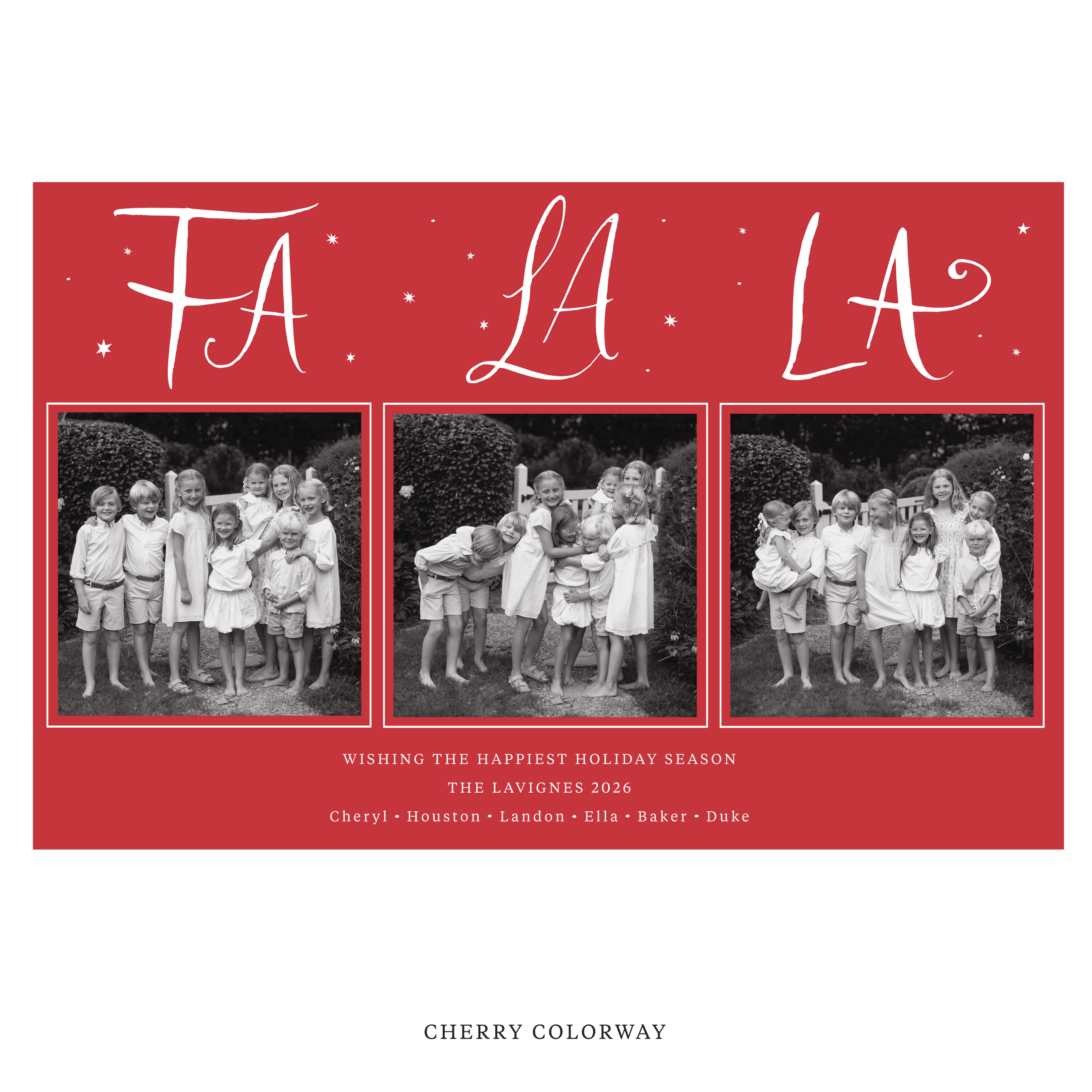 Celebrate the season with the Chadwick "Fa La La" Holiday Card by Stovall Collection. Featuring original hand-lettered artwork, this luxury personalized photo mount holiday card is available in 22 thoughtfully curated flat printing colorways.